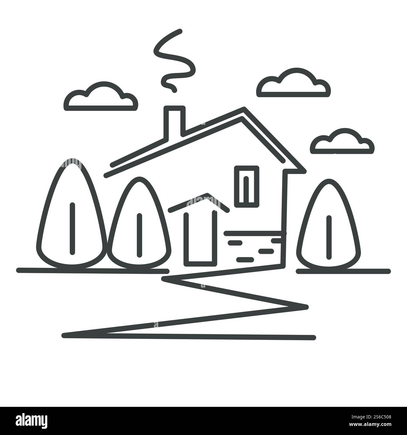 Cottage ou maison de banlieue dans le village, bâtiment privé isolé vecteur d'icône. Arbres et cheminée, vente et achat de biens immobiliers, loyer de logement. Vue extérieure, architecture résidentielle et nature. Maison de banlieue ou chalet dans le village isolé icône linéaire Illustration de Vecteur