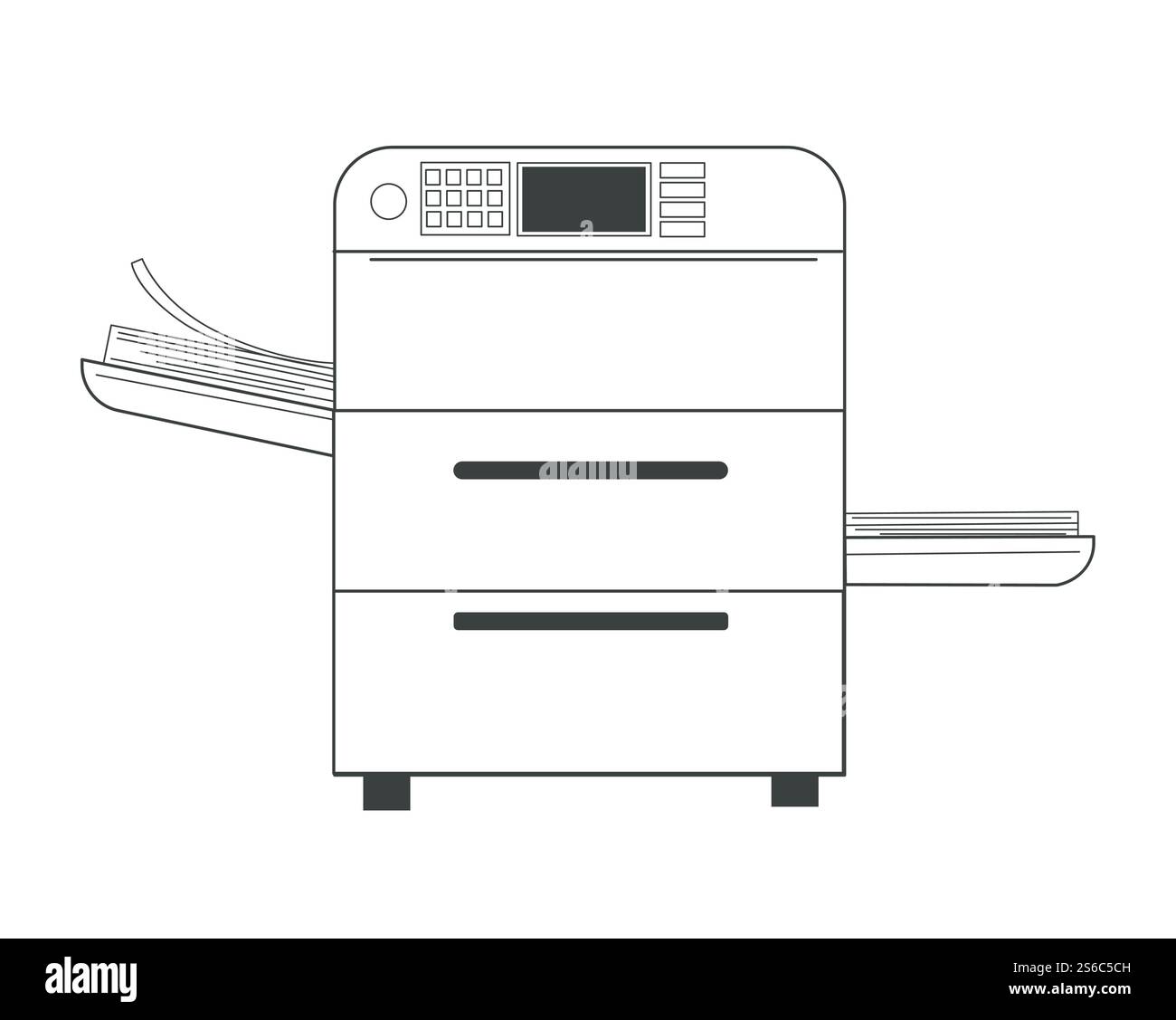 Imprimante multifonction de bureau ou photocopieuse et papier, vecteur d'objet isolé. Copieur laser électronique, studio d'impression, paperasse et xérographie. Technologie typographique, impression de documents. Imprimante ou photocopieuse et document papier objet isolé Illustration de Vecteur