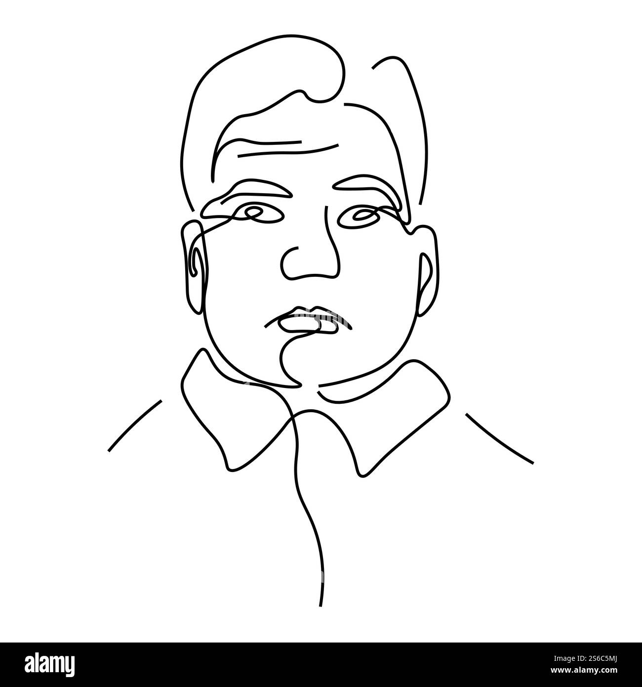 Dessin de ligne continue, homme dans la chemise, silhouette dans la ligne arrière, vecteur d'icône isolé de visage. Portrait masculin, coiffure à moitié chauve, rides sur le front. Avatar, art de contour, caractéristiques de personnage masculin. Portrait linéaire de l'homme, dessin de ligne continue esquisse isolée Illustration de Vecteur