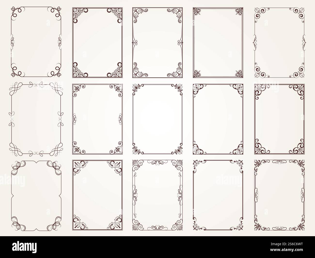 Cadres calligraphiques. Bordures coins cadres ornées pour la collection de dessins vectoriels classiques floraux de certificat. Illustration de la carte de bordure en filigrane, cadre rectangulaire floral. Cadres calligraphiques. Bordures coins cadres ornées pour la collection de dessins vectoriels classiques floraux de certificat Illustration de Vecteur