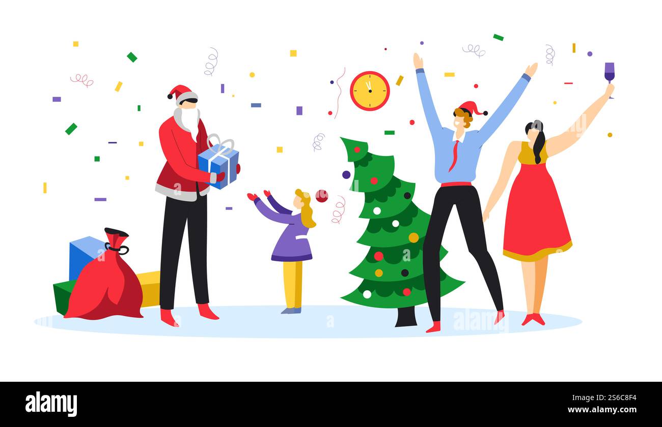Célébrant Joyeux Noël et bonne nuit du nouvel an, la famille et le vecteur du Père Noël. Cadeaux, parents et enfant, sac et coffrets cadeaux, arbre de Noël. Fête des vacances d'hiver, confettis et horloge. Joyeux Noël et bonne année, famille et Père Noël Illustration de Vecteur