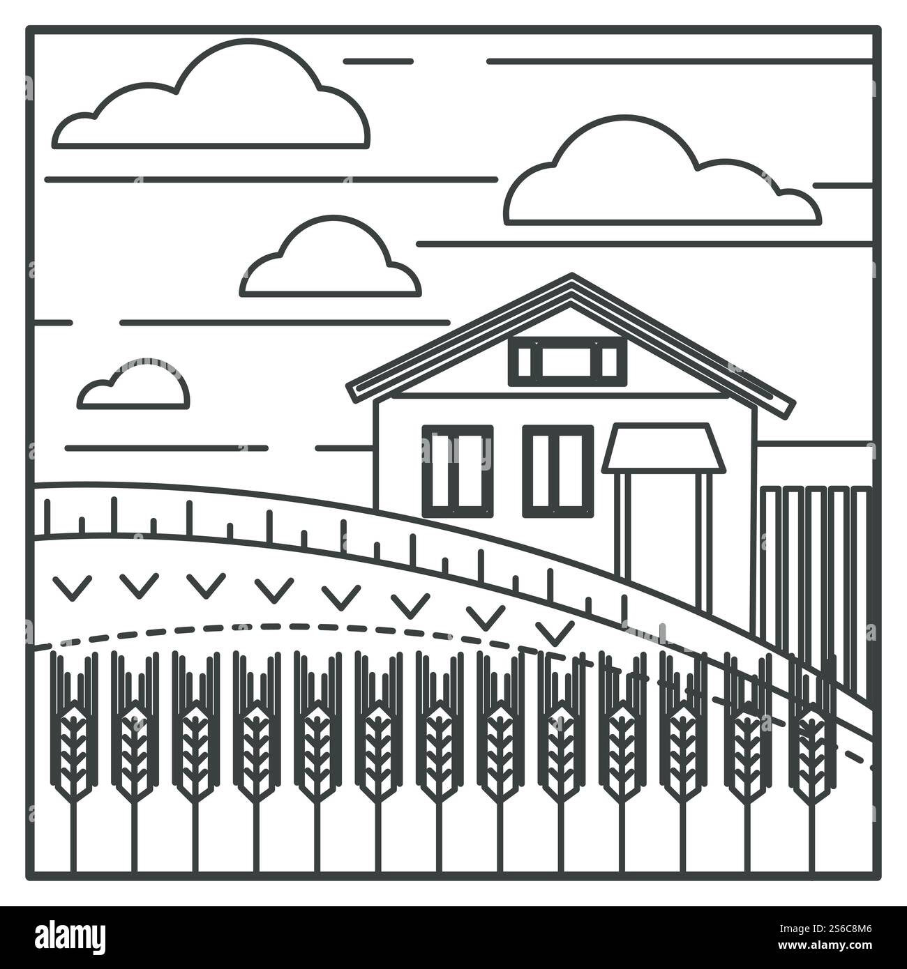 Agriculture et agriculture, champ de blé et vecteur de dessin de contour de maison de village. Paysage agricole rural, collines et bâtiment de banlieue, vue sur la campagne. Culture ou récolte et grange, ranch ou ferme. Champ de blé et maison de village, agriculture et agriculture, campagne Illustration de Vecteur