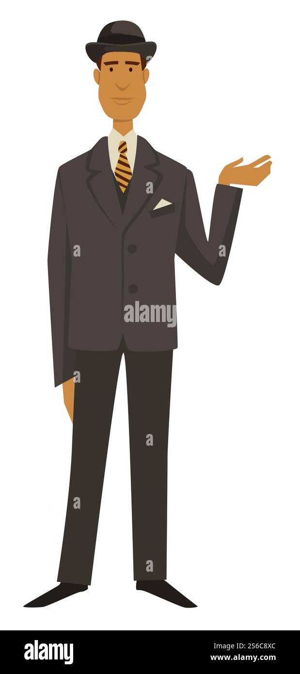 mode des années 1910, homme en costume vintage avec cravate et chapeau, vecteur de conception de vêtements des années 30. Personnage masculin dans des vêtements rétro, style gangster, costume et coiffe de bouilloire. Tenue à l'ancienne avec chaussure en cuir. Homme en costume vintage et chapeau, mode des années 1910, style gangster Illustration de Vecteur