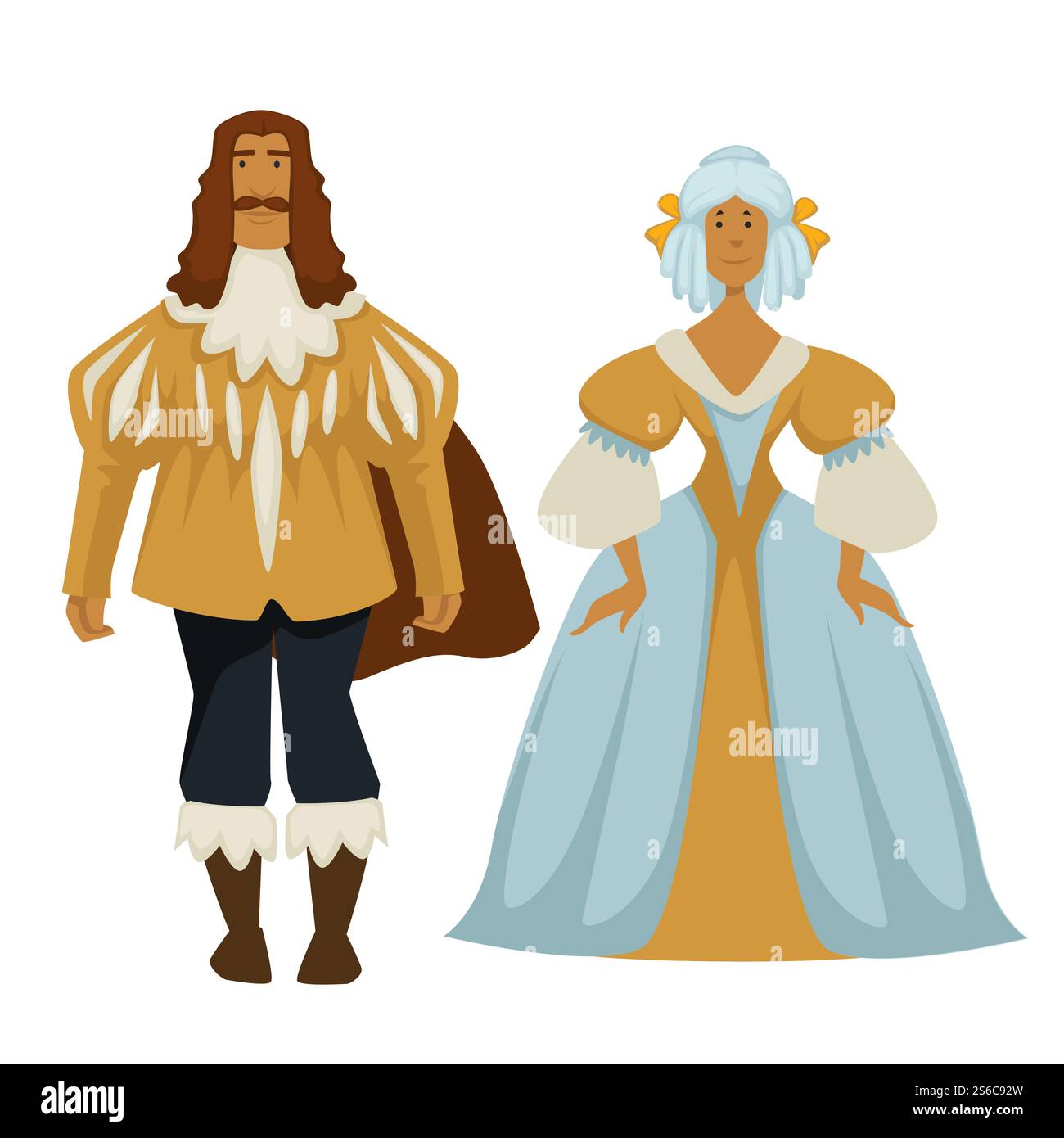 Style baroque, homme avec jabot et manteau, femme en robe de bal et vecteur de perruque. Mode ancienne, couple ou famille, vêtements traditionnels, robe de corset et leggings. Couleurs dorées et dentelle, réception royale. Homme et femme en tenue baroque, robe de bal et perruques, couleurs dorées Illustration de Vecteur