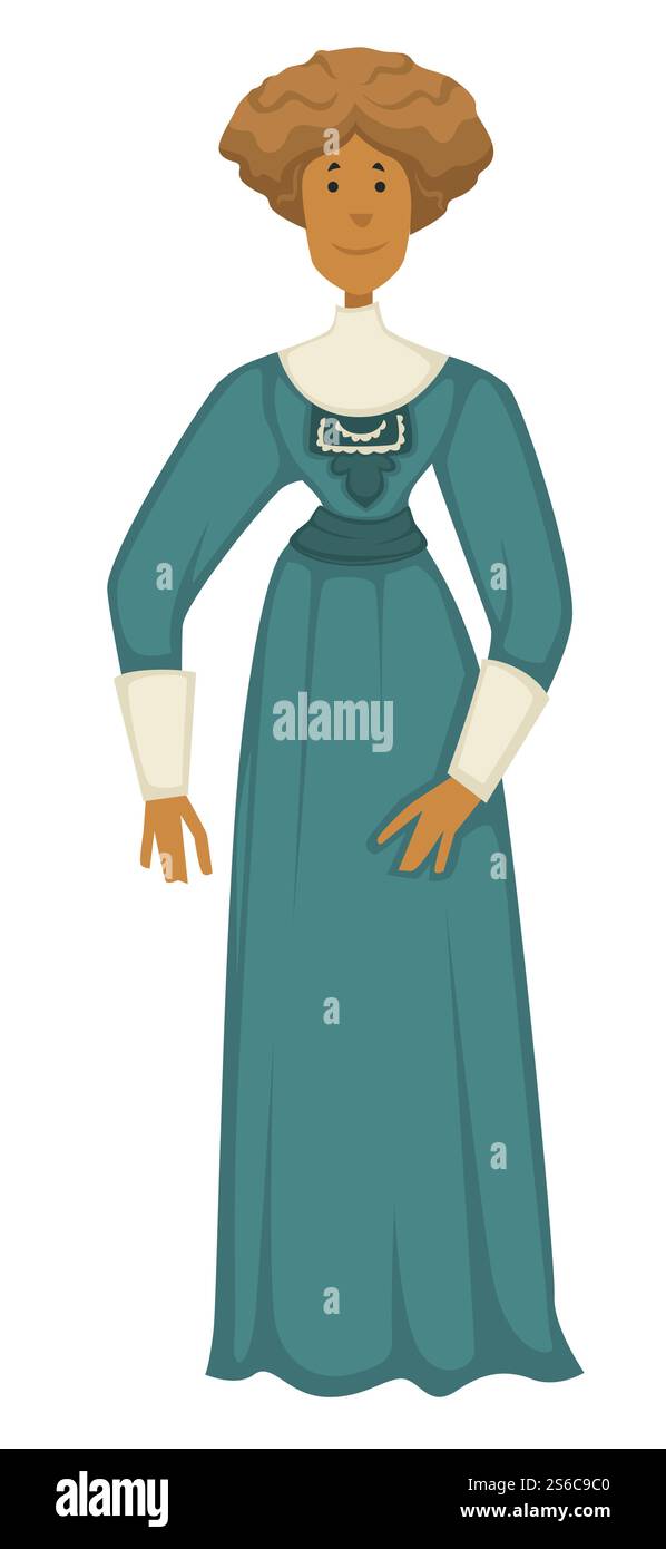 style de mode des années 1910, femme en robe avec jabot, vecteur de conception de vêtements vintage. Personnage féminin dans les vêtements rétro, ceinture noeud et chaussures de pantoufles. Tenue à l'ancienne, robe avec dentelle et corset. Femme en vêtements vintage, caractère isolé de style de mode des années 1910 Illustration de Vecteur