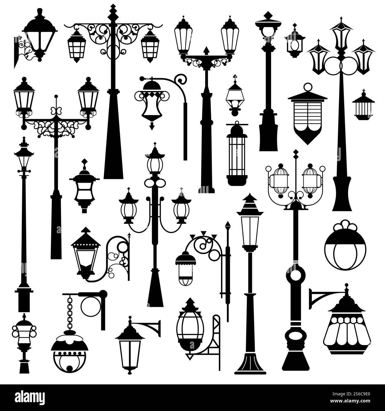 Lanternes de rue et de parc extérieures, vecteur d'objet isolé de lampadaire. Éclairage sur pied ou lampes murales, tourbillons et boucles, métal courbé. Décor de parc et de ville, dispositif de diffusion de lumière, plafond métallique. Lampadaire, lanternes extérieures de rue et de parc, objets isolés Illustration de Vecteur