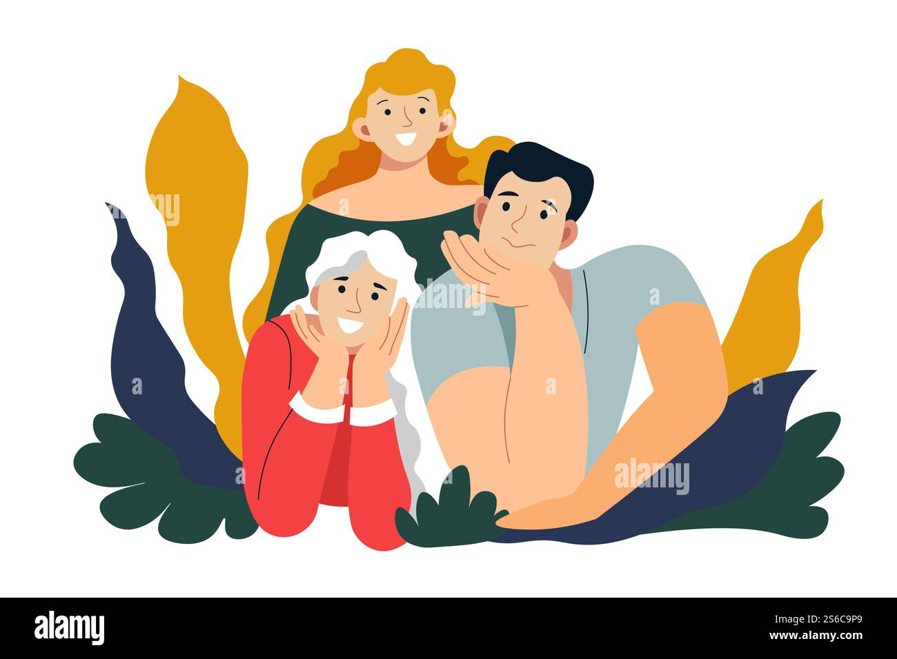 Mère, père et fille, vecteur de personnages isolés de portrait de famille. Épouse et mari, enfant ou enfant, parents et fille, relation et amitié. Prendre des photos ou des photos de groupe de plantes abstraites. Portrait de famille, mère, père et fille personnages isolés Illustration de Vecteur