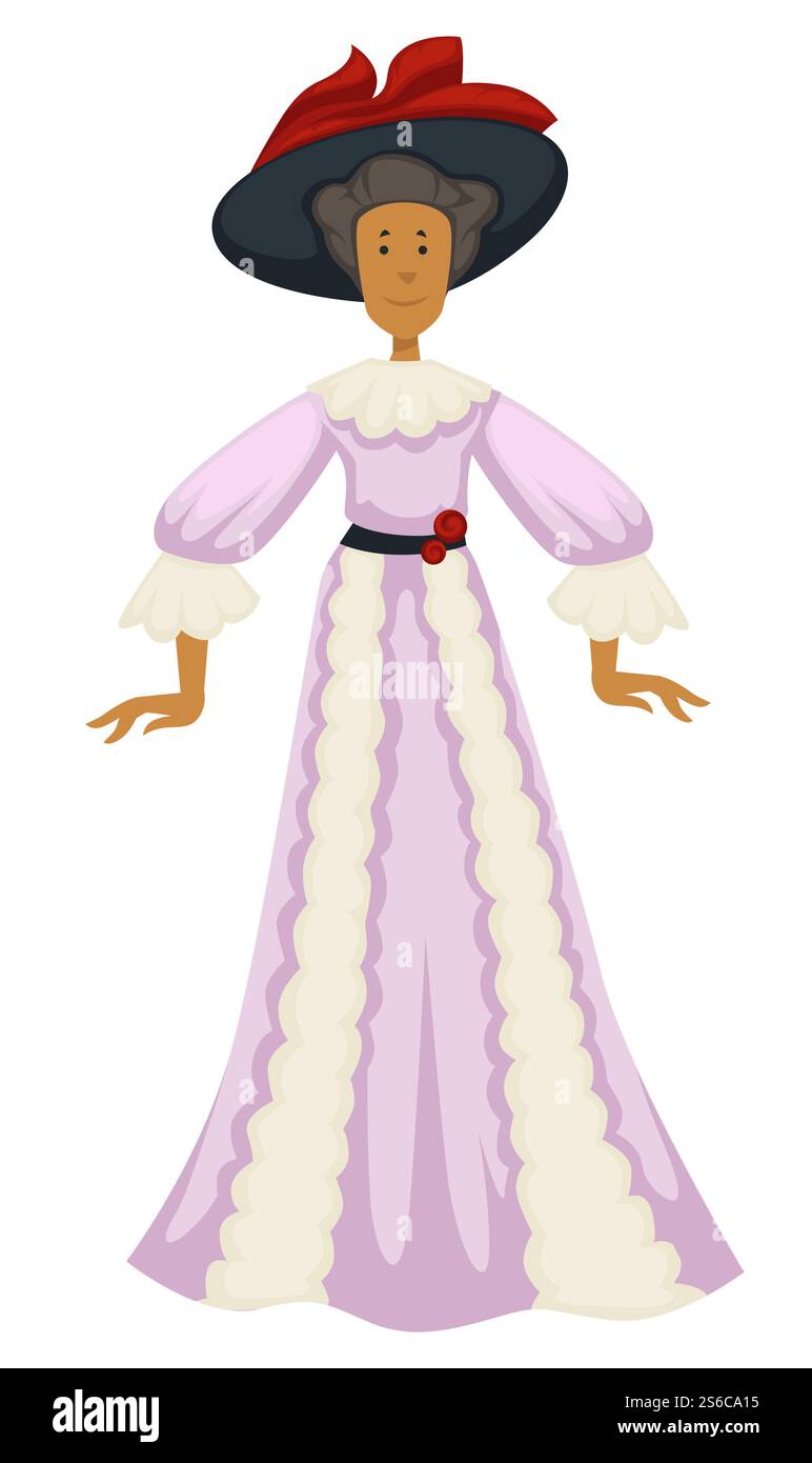style de mode des années 1900, femme en robe et chapeau avec des plumes, vecteur de conception de vêtements. Personnage féminin en vêtements vintage, robe avec manches cloches. Accessoires, ceinture avec rose, et tenue à l'ancienne. Femme en robe et chapeau avec des plumes, style de mode des années 1900 Illustration de Vecteur