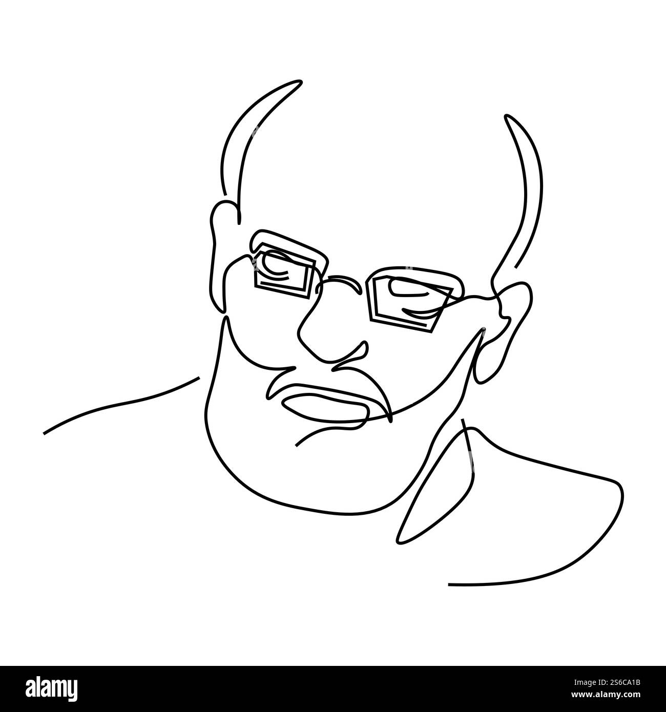 Dessin de ligne continue, homme âgé dans la silhouette de lunettes dans le visage arrière de vecteur d'icône isolé. Portrait masculin, coiffure à moitié chauve, lunettes et barbe. Avatar, art de contour, caractéristiques de personnage masculin. Portrait d'homme âgé dessin de ligne continue icône isolée Illustration de Vecteur