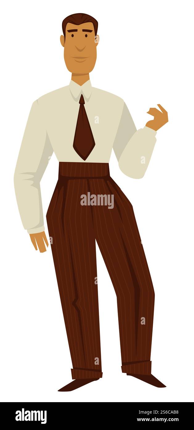 mode des années 1950, homme en pantalon taille haute et cravate avec chemise blanche, vecteur de style rétro des années 50. Personnage masculin, vêtements vintage et coiffure courte. Design vestimentaire et tenue à l'ancienne, look classique. Homme en vêtements rétro des années 50, mode des années 1950, personnage masculin isolé Illustration de Vecteur