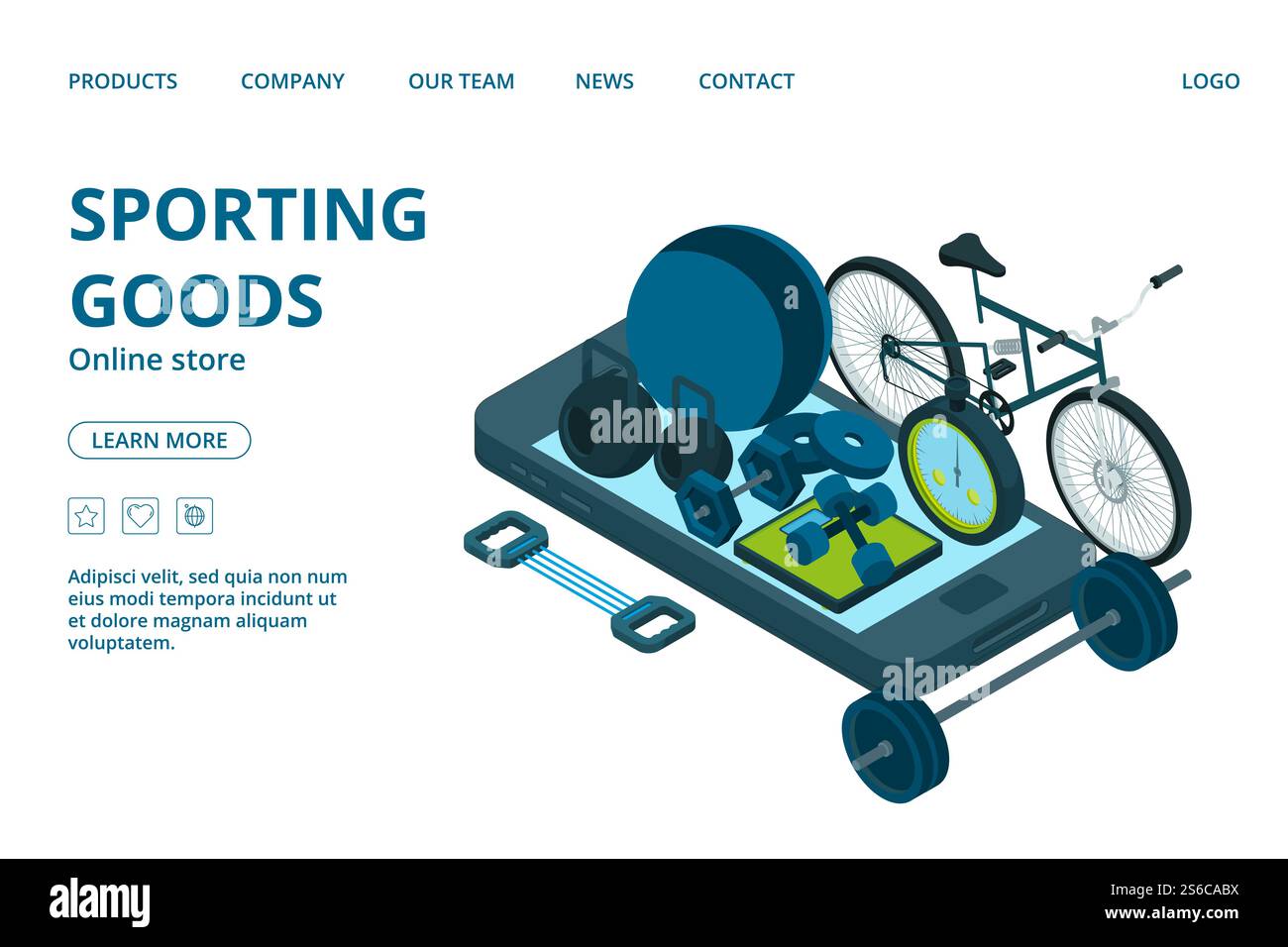 Modèle de page de destination de magasin en ligne d'articles de sport. EQUIPEMENT sportif isométrique vectoriel. Illustration du marketing de détail de sport, boutique e-commerce page Web. Modèle de page de destination de magasin en ligne d'articles de sport. EQUIPEMENT sportif isométrique vectoriel Illustration de Vecteur