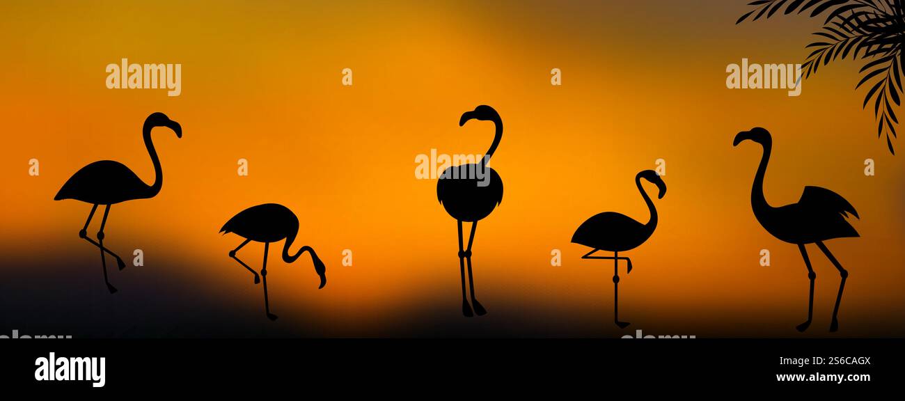 Groupe vectoriel de silhouettes de flamant rose au fond du coucher du soleil. Illustration du coucher de soleil flamant, ciel de paysage. Groupe vectoriel de silhouettes de flamant rose au fond du coucher du soleil Illustration de Vecteur