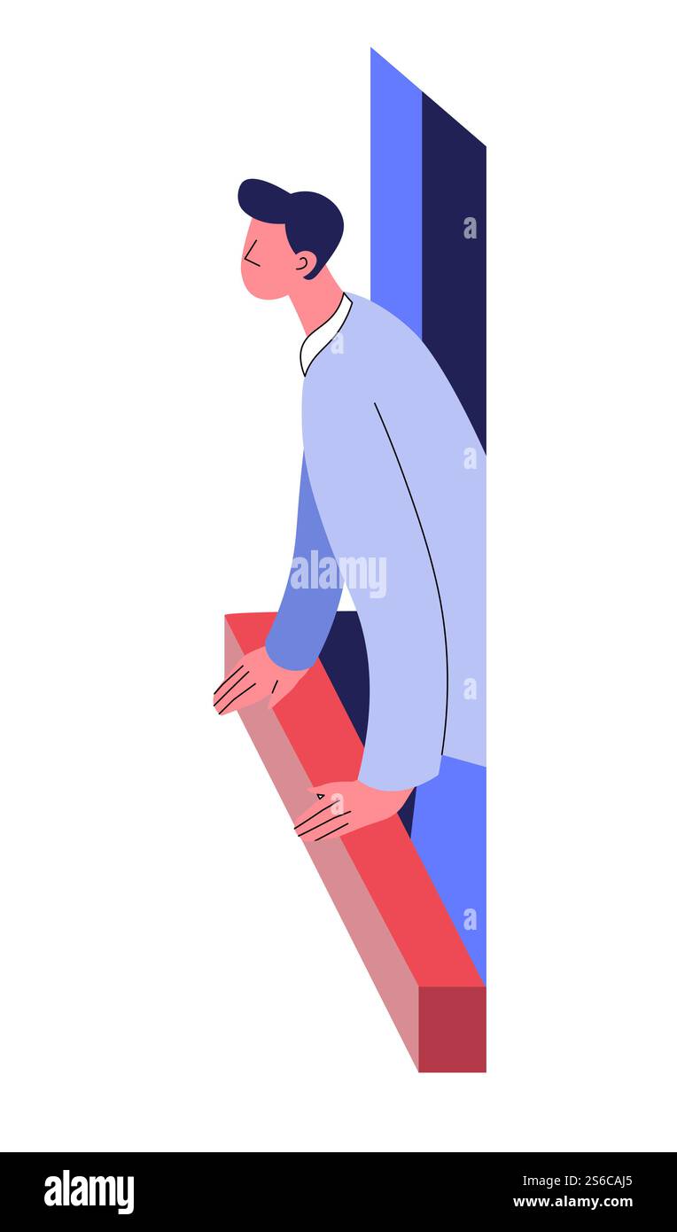 Vue latérale de la fenêtre, profil de l'homme regardant hors de l'immeuble d'habitation, Guy regardant la rue du vecteur plat. Soir ou matin dans une grande ville ou ville. Personnage masculin respirant l'air frais, printemps ou été. Profil de l'homme regardant de l'appartement, vue latérale de la fenêtre Illustration de Vecteur