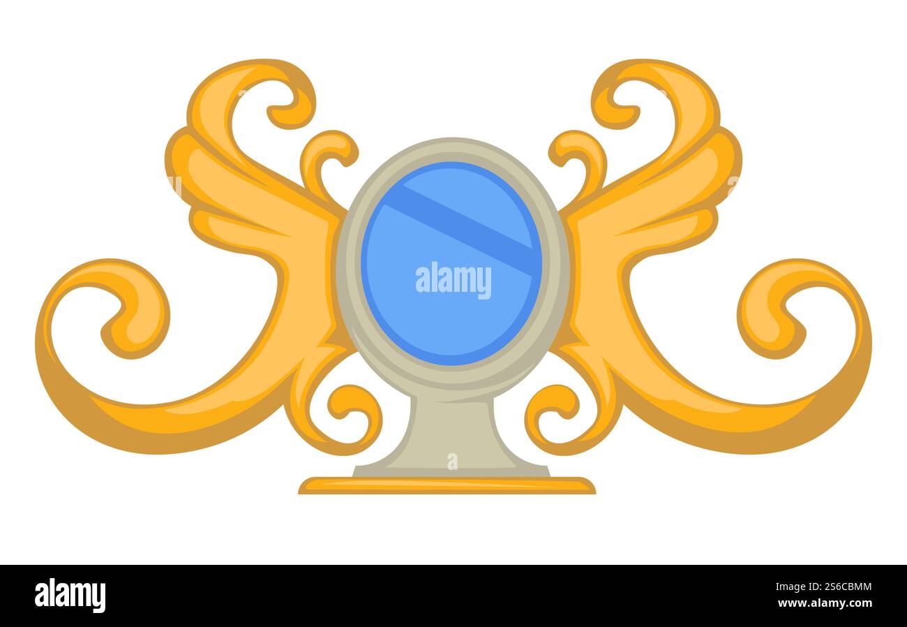 Miroir dans le cadre doré avec des ailes et des tourbillons, élément de design d'intérieur de style baroque vecteur d'objet isolé. Verre et réflexion, partie coiffeuse. Cadre rond, mobilier luxueux et coûteux. Miroir de style baroque en cadre doré avec ailes et tourbillons Illustration de Vecteur