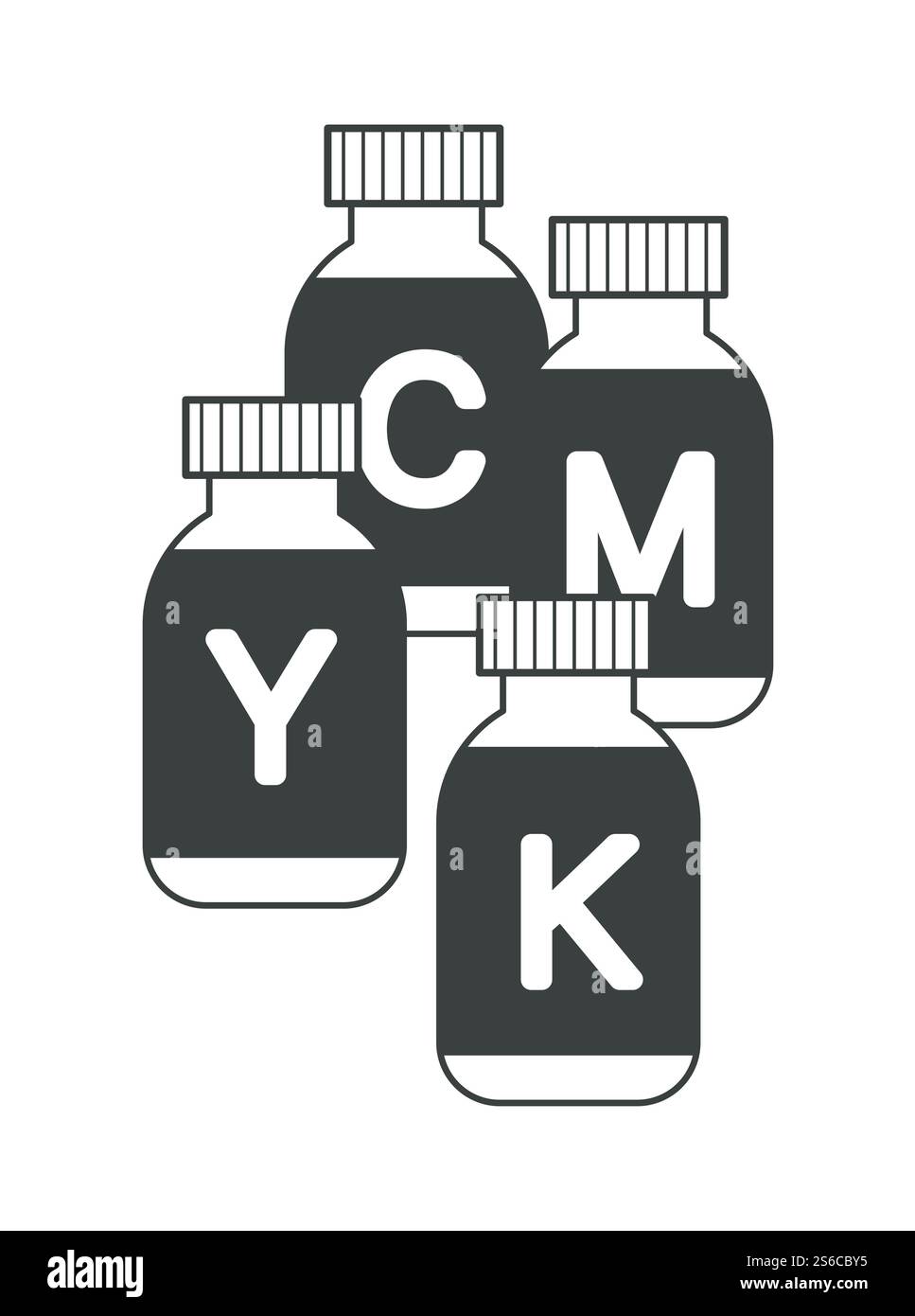 Cartouches CMJN pour imprimante à jet d'encre, matériaux d'impression dans des bouteilles vecteur d'icône isolé. Colorants liquides dans des récipients scellés, substances dans des emballages. Équipement de typographie ou de studio d'impression. Encre d'imprimante à jet, cartouches CMJN, matériaux d'impression en bouteilles Illustration de Vecteur