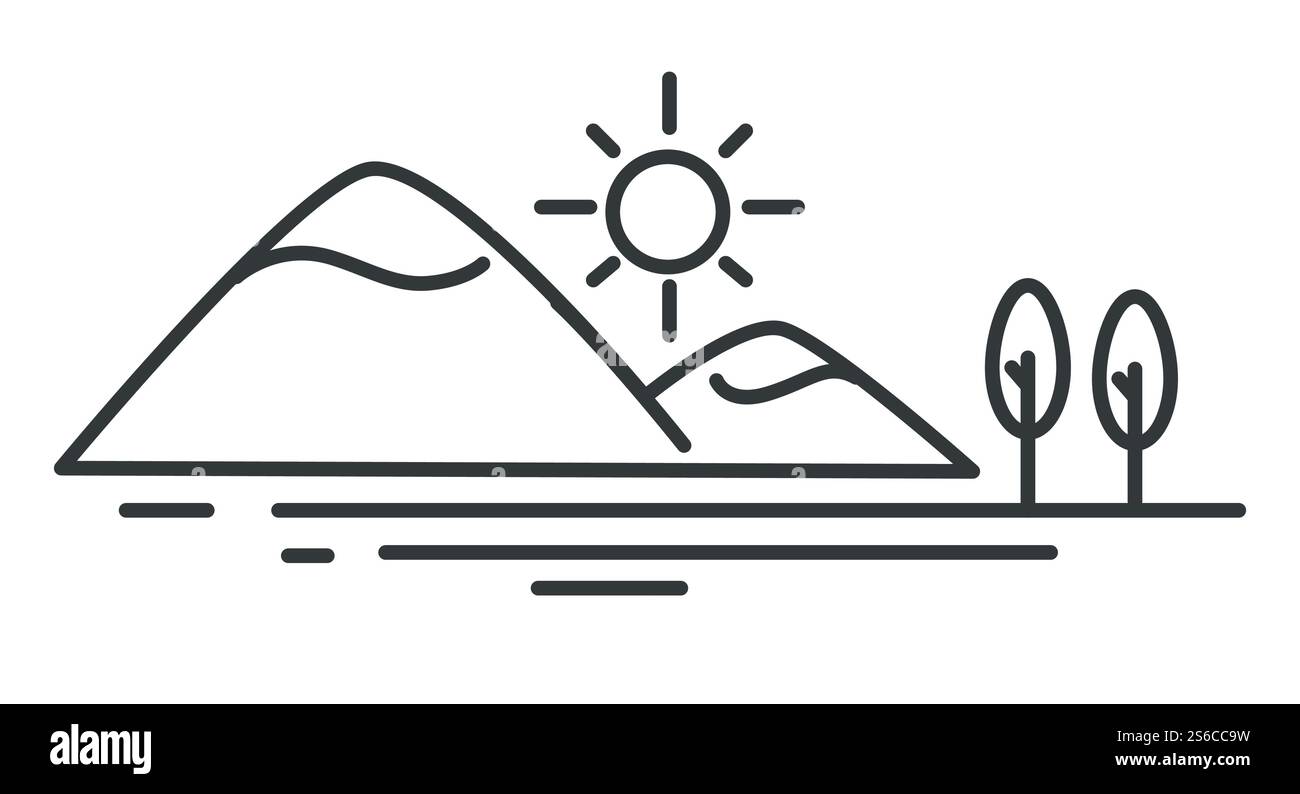Paysage marin ou côte océanique et montagnes, vecteur d'esquisse de contour de paysage. Rochers et eau, arbre sous soleil, nature et environnement. Collines et vue sur la plage dessin lineart, mer et falaise, plantes sur le rivage. Esquisse de paysage de côte océanique, de montagne et de mer Illustration de Vecteur