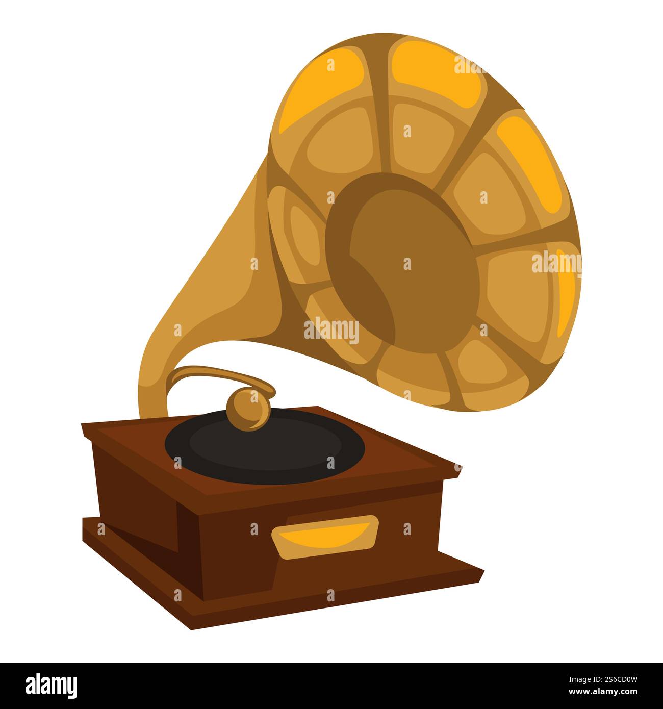 Disque vinyle jouant, gramophone en or dans le style des années 1910 vecteur d'objet rétro isolé. Lecteur de musique vintage, tube doré et support en bois. Appareil d'écoute de mélodies ou de chansons, lecture de disques musicaux. Gramophone doré dans le style des années 1910, disque vinyle jouant Illustration de Vecteur
