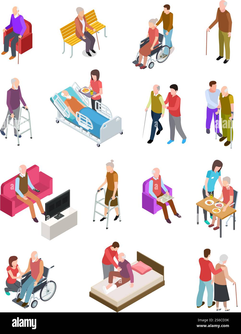 Personnes âgées isométriques. Personnes âgées, infirmière auxiliaire. La thérapie médicale à domicile des aînés. Personnes en fauteuil roulant. ensemble vectoriel gérontologie 3d. Thérapie de soins, santé médicale pour l'illustration de personnages âgés. Personnes âgées isométriques. Personnes âgées, infirmière auxiliaire. La thérapie médicale à domicile des aînés. Personnes en fauteuil roulant. ensemble vectoriel gérontologie 3d. Illustration de Vecteur