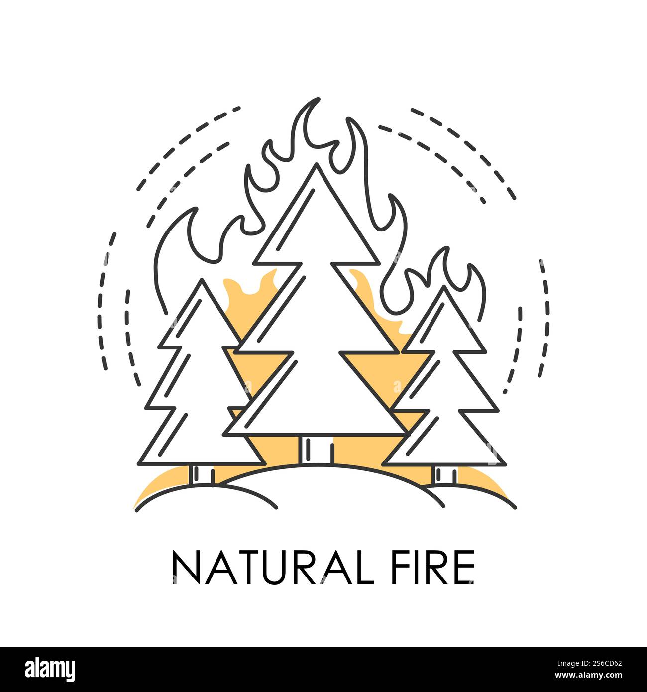 Feu, catastrophe naturelle ou feu de forêt, arbres dans le vecteur d'icône isolé de flamme. Problème environnemental, destruction des forêts, temps chaud et faute humaine. Écologie destruction sensibilisation, protection de la nature. Feu de forêt ou feu naturel, icône isolée de catastrophe écologique Illustration de Vecteur