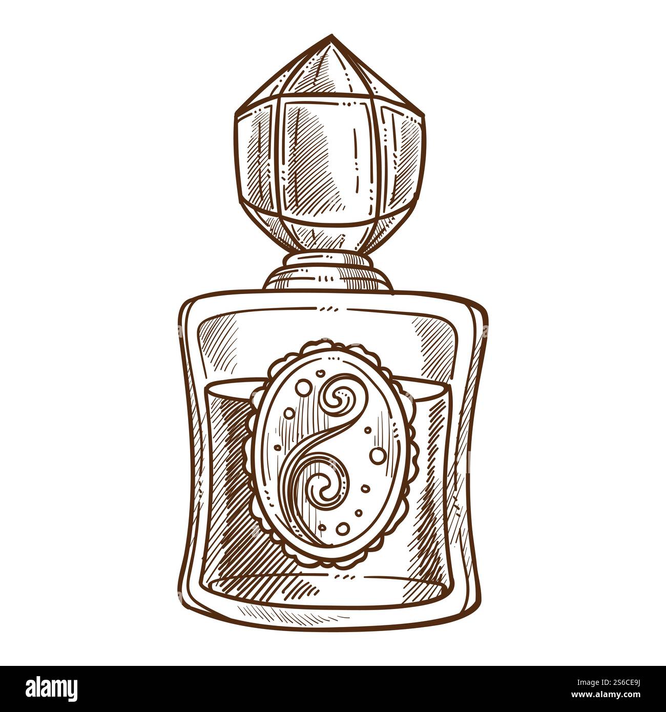 Bouteille en verre vintage de parfum, essence dans un croquis vectoriel isolé de récipient. Eau de toilette ou eau de toilette, mode ou beauté et maquillage. Parfum de flacon ou flacon et parfum, cosmétiques de parfumerie. Parfum ou eau de toilette en flacon vintage, essence d'arôme Illustration de Vecteur