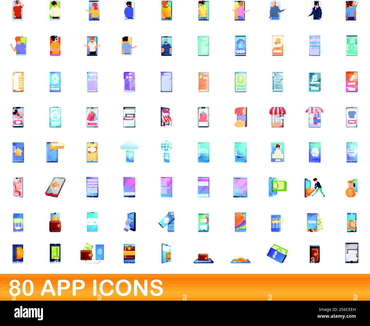 80 icônes d'application définies. Illustration de dessin animé de l'ensemble vectoriel d'icônes d'application 80 isolé sur fond blanc. 80 icônes d'application définies, style de dessin animé Illustration de Vecteur