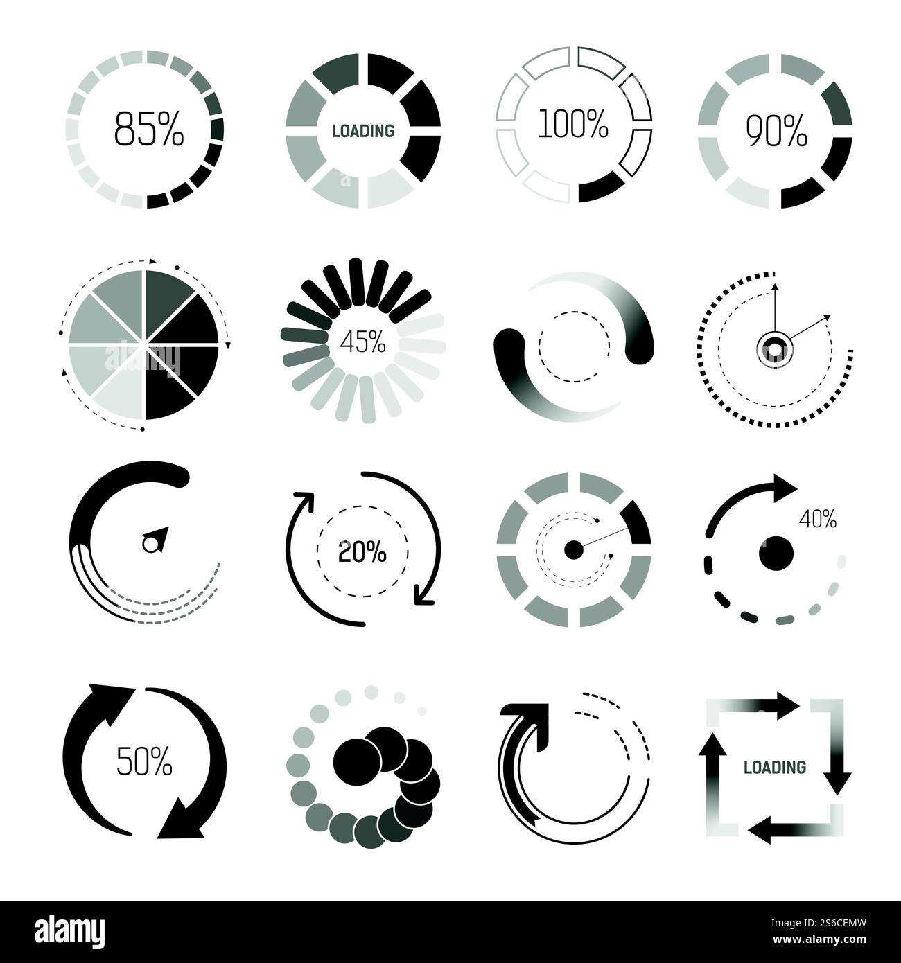 Pourcentage, indicateurs de chargement vecteur d'icônes isolées. Barre de progression pour le chargement ou le téléchargement, le traitement. Élément de site Web, cercle ou carré, en attente Web signe maquettes monochromes, symboles de chargeur. Chargement des indicateurs icônes isolées, pourcentage et cercle ou carré Illustration de Vecteur