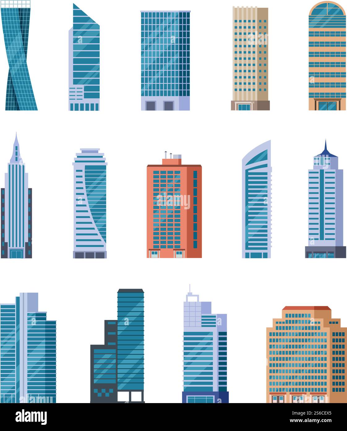 Gratte-ciel plats. Extérieur des bâtiments modernes de la ville. Maisons de bureaux résidentielles et commerciales. Façades du centre-ville. Ensemble de vecteurs isolés. Illustration bâtiment bureau, gratte-ciel résidentiel urbain. Gratte-ciel plats. Extérieur des bâtiments modernes de la ville. Maisons de bureaux résidentielles et commerciales. Façades du centre-ville. Ensemble de vecteurs isolés Illustration de Vecteur