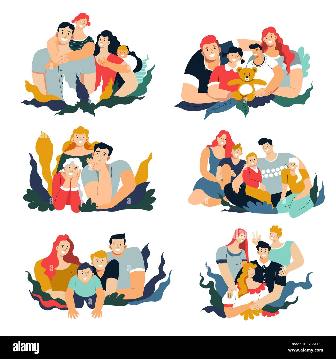Mère et père, fils et fille, vecteur de personnages isolés de portrait de famille. Épouse et mari, enfants et parents, garçon et fille. Relation et amitié, soeur et frère, plantes abstraites. Portraits de famille, mère et père, fils et fille, groupe de personnages isolés Illustration de Vecteur
