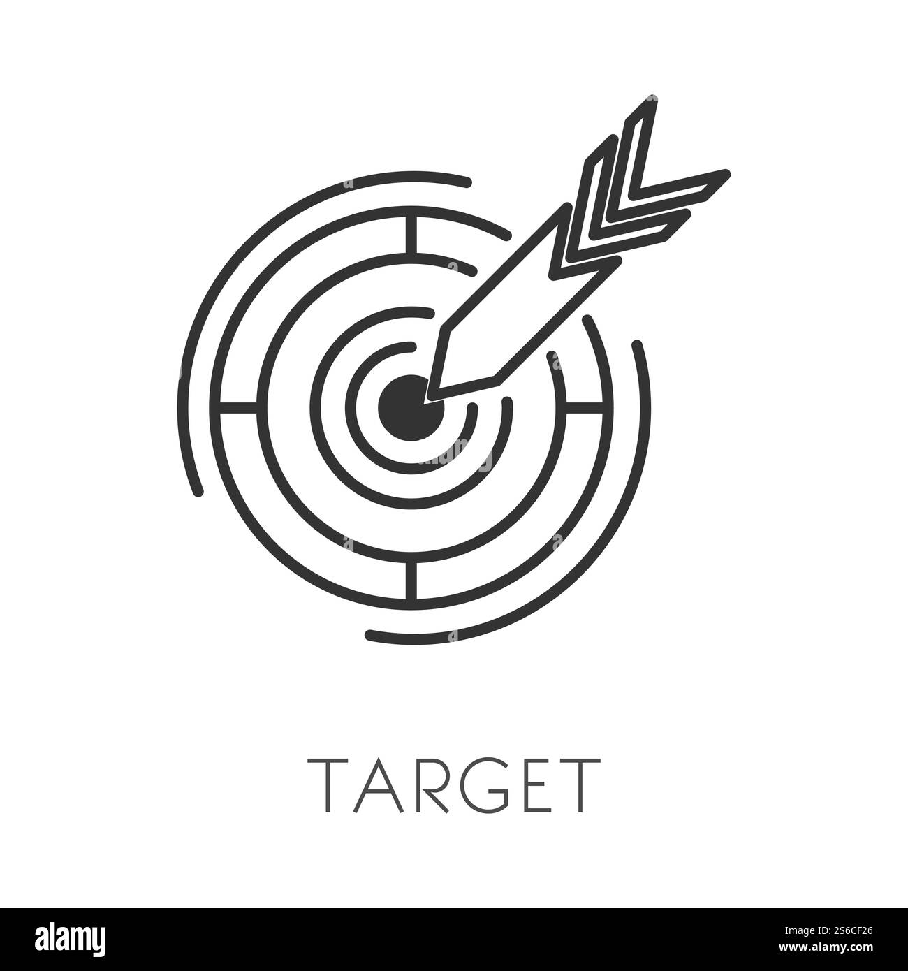 Cible et flèche icône isolée, but accompli, gamme de tir à l'arc, vecteur primé. Concept de but, concentration, réalisation de but, équipement de jeu de fléchettes. Marketing et concept d'entreprise, élément de démarrage. Flèche et cible icône de contour isolé, réalisation de l'objectif Illustration de Vecteur