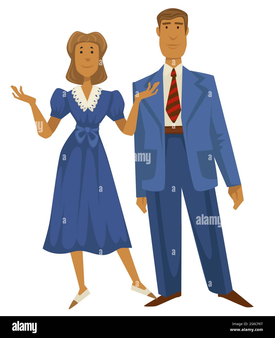 couple des années 1940, homme en costume oversize rétro et femme en robe avec dentelle, vecteur de style de mode des années 40. Personnages féminins et masculins, vêtements vintage. Conception de vêtements, tenue à l'ancienne, couple marié. Couple rétro, style mode des années 1940, homme en costume et femme en robe Illustration de Vecteur
