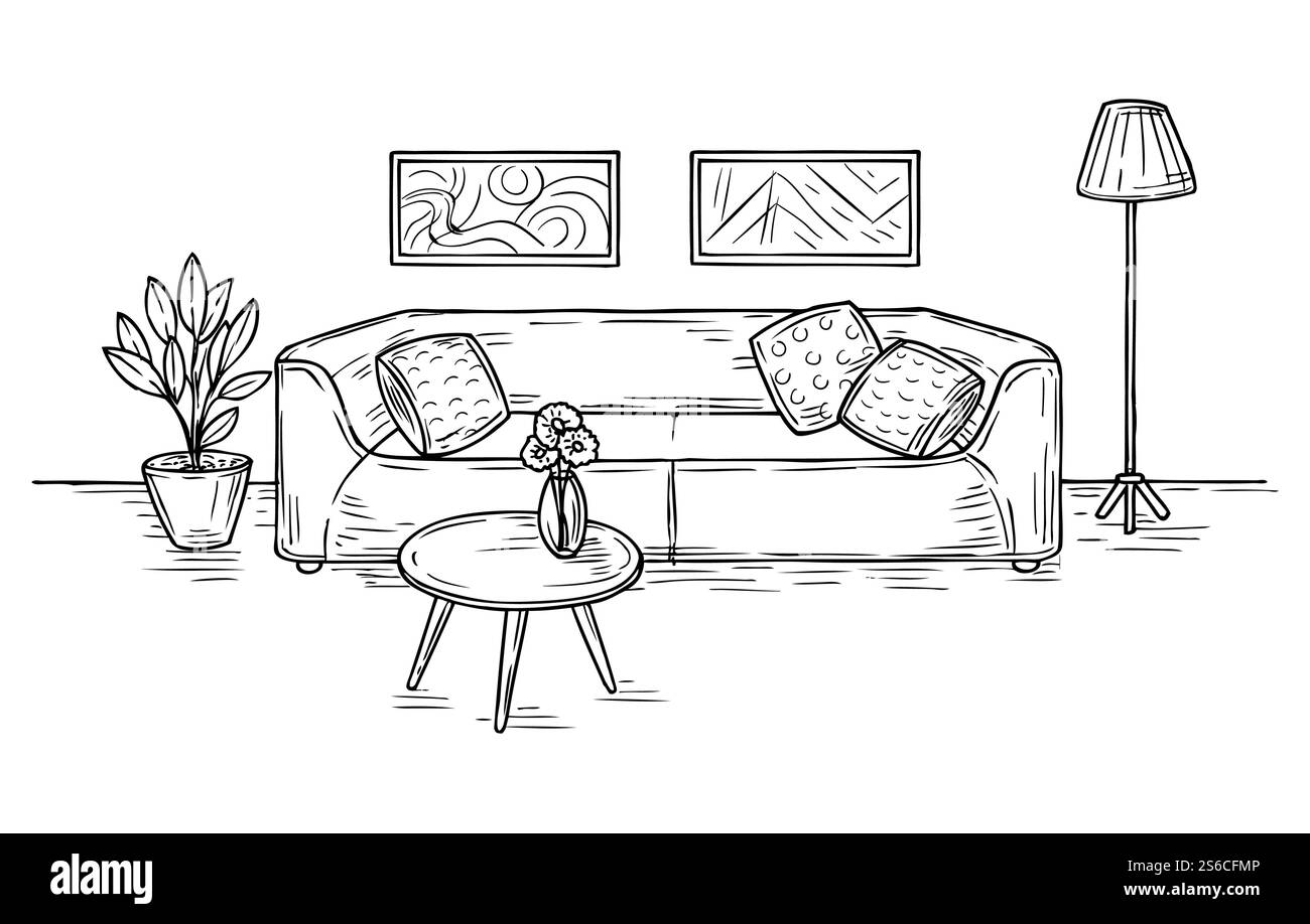 Dessiner le salon. Canapé, lampe et photos sur les meubles de maison murale appartement contemporain dessin intérieur concept de vecteur d'esquisse. Canapé de meubles, illustration du salon intérieur de la maison. Dessiner le salon. Canapé, lampe et photos sur les meubles de maison murale appartement contemporain dessin intérieur concept de vecteur d'esquisse Illustration de Vecteur