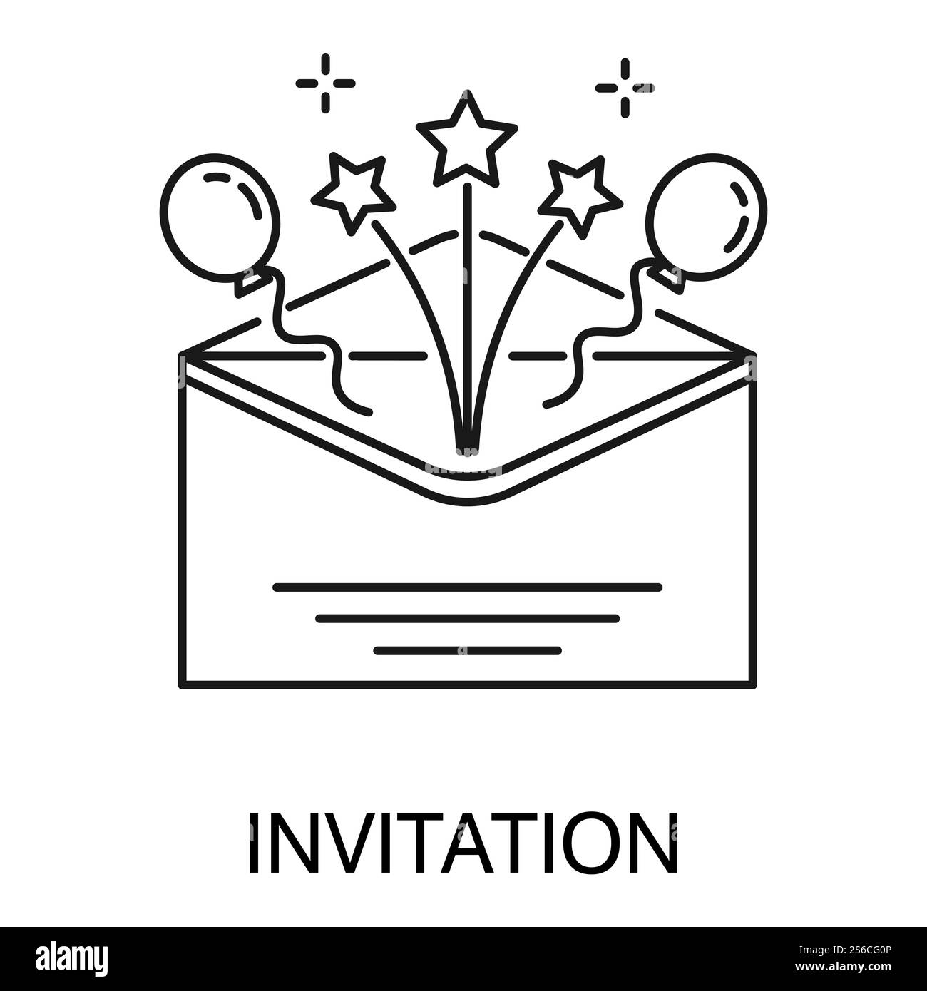 Enveloppe ou invitation, ballons et étoiles vecteur d'icône de contour isolé. Lettre ou message postal, courrier postal, courrier électronique ou document officiel. Fête ou célébration d'anniversaire, carte d'invitation, message papier. Invitation en enveloppe, ballons et étoiles icône de contour isolé Illustration de Vecteur