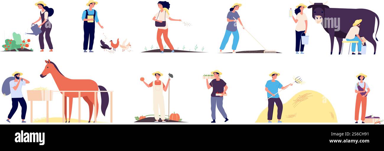 Personnages fermiers. Les gens ouvriers agricoles avec des animaux de ferme, des poulets de vache et des chevaux. Agriculteurs plantant des légumes. Illustration vectorielle. Personnages fermiers. Les gens ouvriers agricoles avec des animaux de ferme, des poulets de vache et des chevaux. Agriculteurs plantant des légumes. Ensemble de vecteurs Illustration de Vecteur