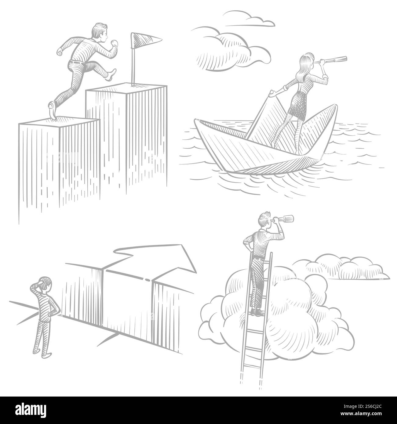 Les gens d'affaires de style d'esquisse à la recherche de solutions, succès de carrière, nouveau concept de vecteur d'idées. Illustration de l'opportunité de recherche d'homme d'affaires pour l'emploi, solution de recherche professionnelle. Les gens d'affaires de style d'esquisse à la recherche de solutions, succès de carrière, nouveau concept de vecteur d'idées Illustration de Vecteur