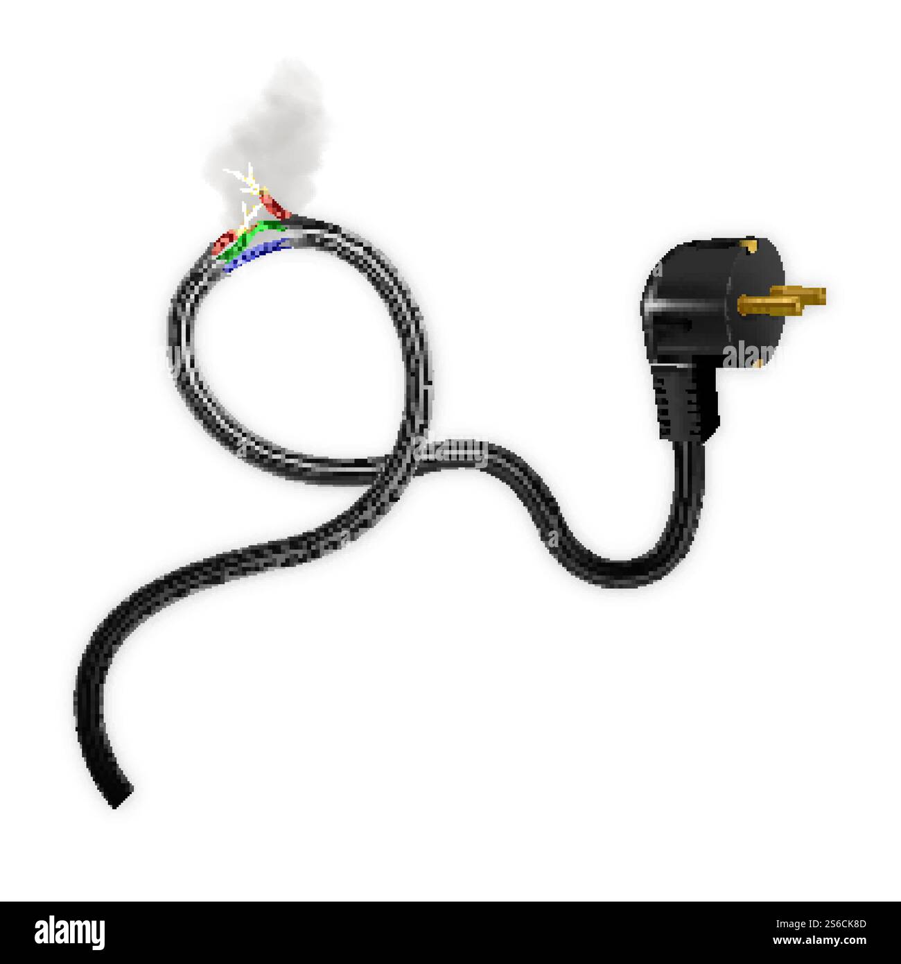 Câble endommagé courant électrique et vecteur de fumée. Danger endommagé cordon d'alimentation électrique brisé brûlé avec fiche. Équipement haute tension avec modèle de défaut d'avertissement illustration 3D réaliste. Câble endommagé courant électrique et vecteur de fumée Illustration de Vecteur
