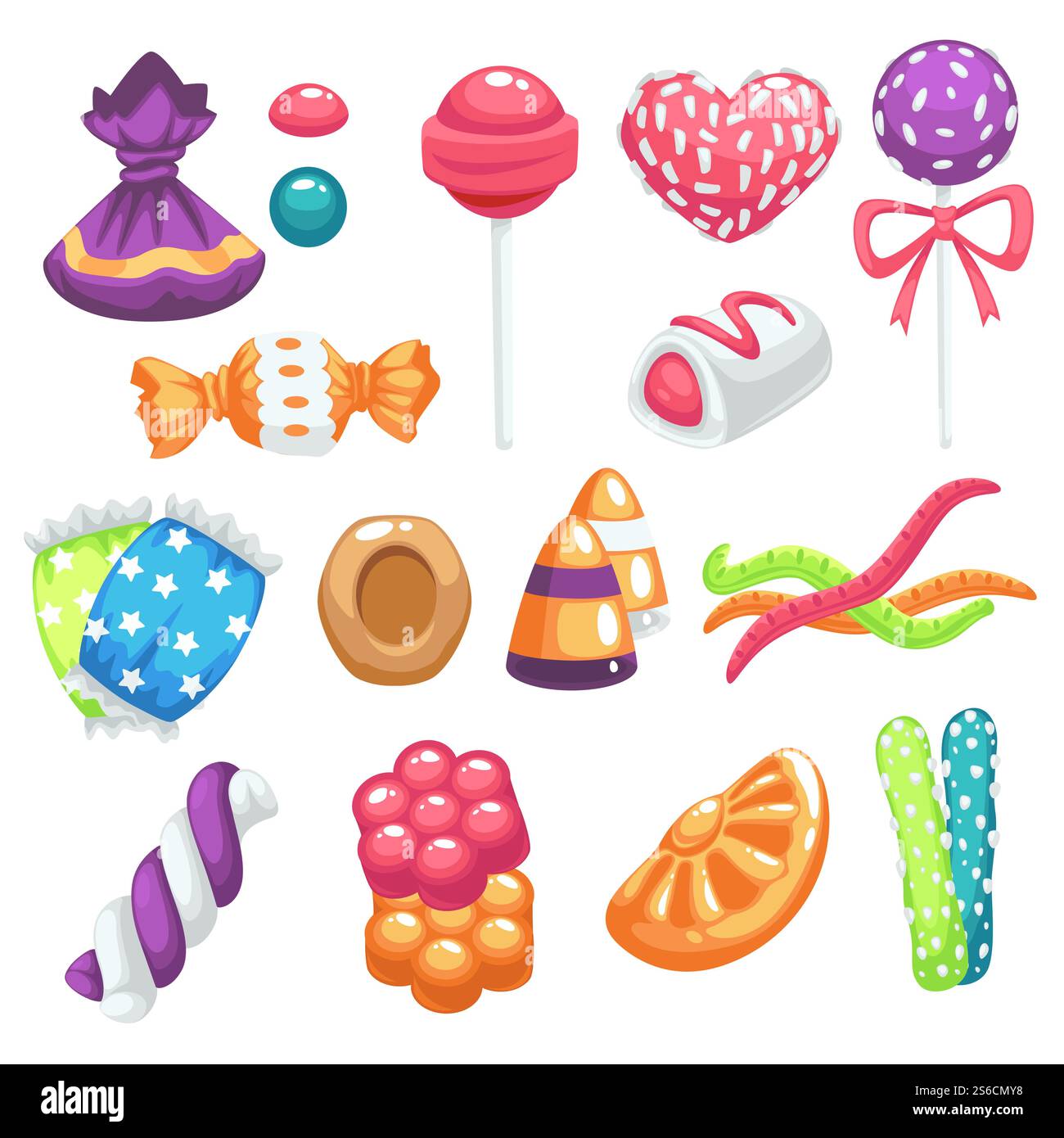 Bonbons et bonbons icônes isolés, bonbons au caramel et vecteur de guimauve. Dessert ou collation, chocolat et gelée, vers et sucette, gomme en emballage. Caramel et gâterie en forme de coeur, saveur de fruits. Bonbons et bonbons, bonbons et gelée, guimauve et sucette icônes isolées Illustration de Vecteur