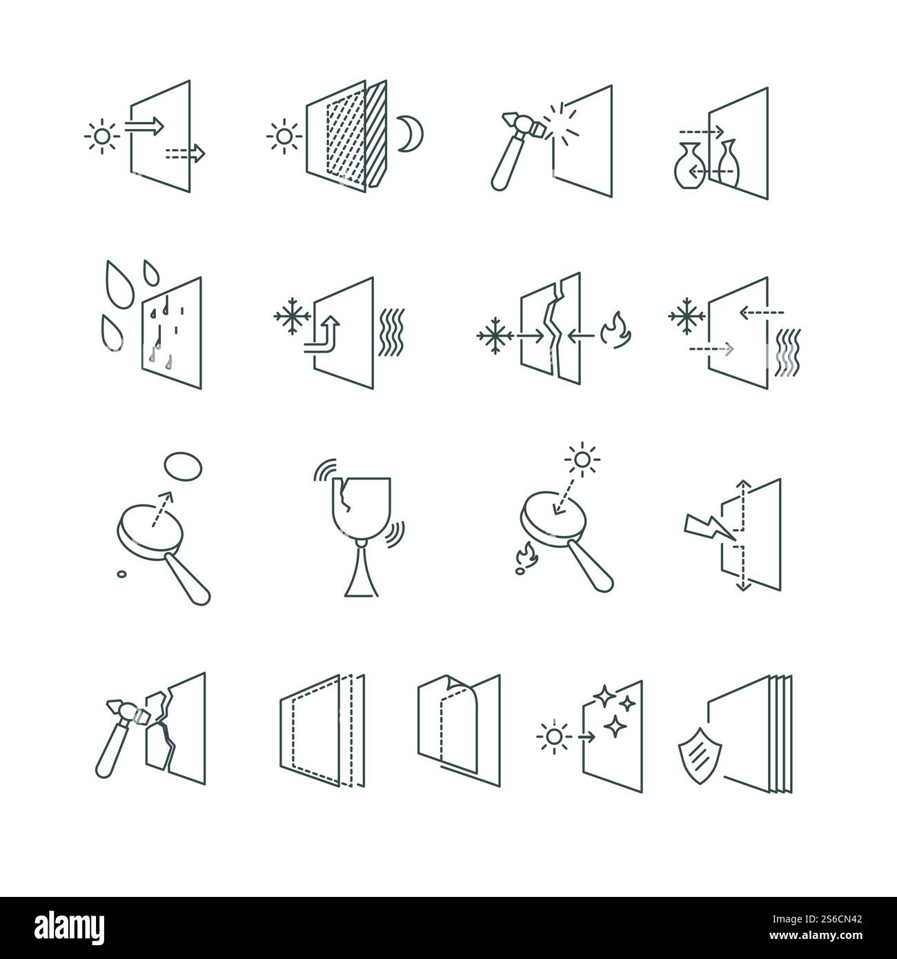 Propriétés du verre icônes de contour isolées, vecteur de symboles linéaires de caractéristiques de matériau. Réflexion thermique et protection uv, éblouissement et transparence, signe fragile. Résistance et inflammabilité, surface réfléchissante. Caractéristiques et propriétés du matériau en verre icônes de contour isolées Illustration de Vecteur