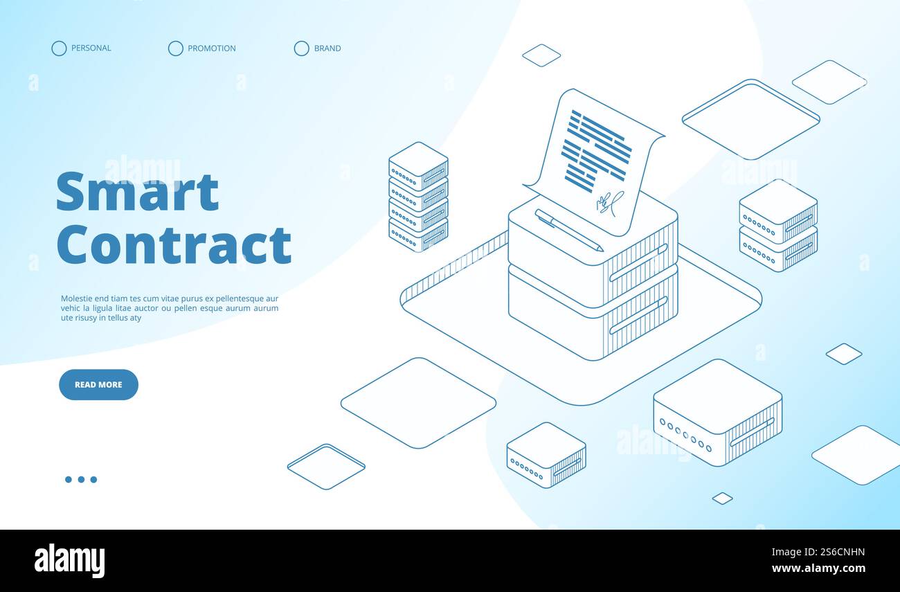 Concept de contrat intelligent. Technologie de cryptographie Ethereum. Contrat de contractant avec page de destination isométrique à vecteur de signature numérique. Illustration crypto Smart contract, transaction blockchain. Concept de contrat intelligent. Technologie de cryptographie Ethereum. Contrat de contractant avec page de destination isométrique à vecteur de signature numérique Illustration de Vecteur