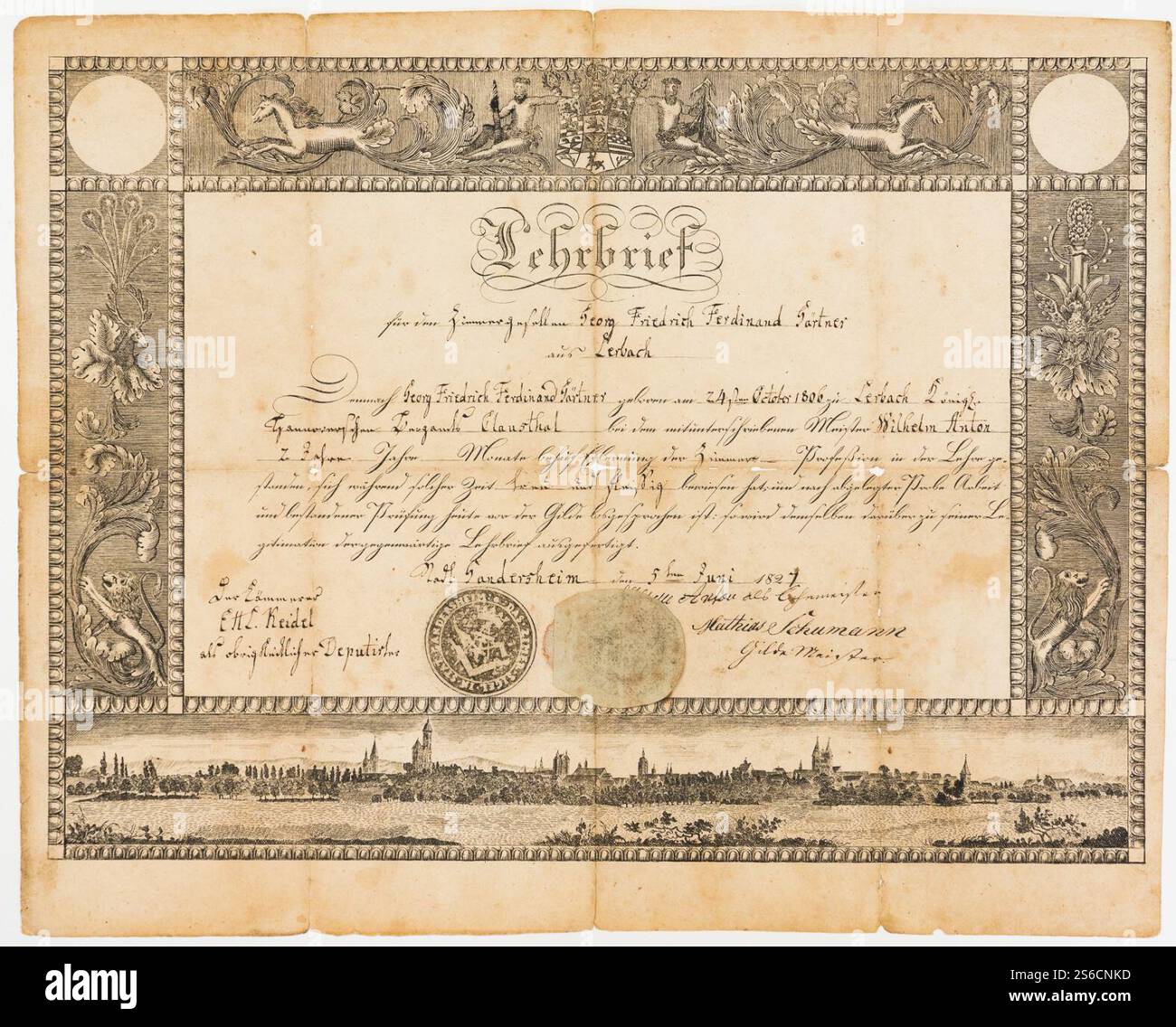 Gandersheim - Lehrbrief für den Zimmergesellen Georg Friedrich Ferdinand Gärtner aus Lerbach - 1827. Banque D'Images