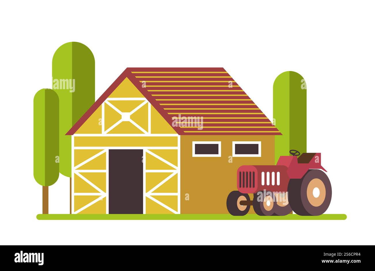 Ferme et agriculture, paysage rural avec ancienne grange et tracteur sur vecteur de prairie. Véhicule de ramassage de récoltes rurales pour garage de moissonneuse. Terres agricoles et machines industrielles, maison de village, vue sur la campagne. Récolteuse ou tracteur et ancienne grange, agriculture et ferme Illustration de Vecteur
