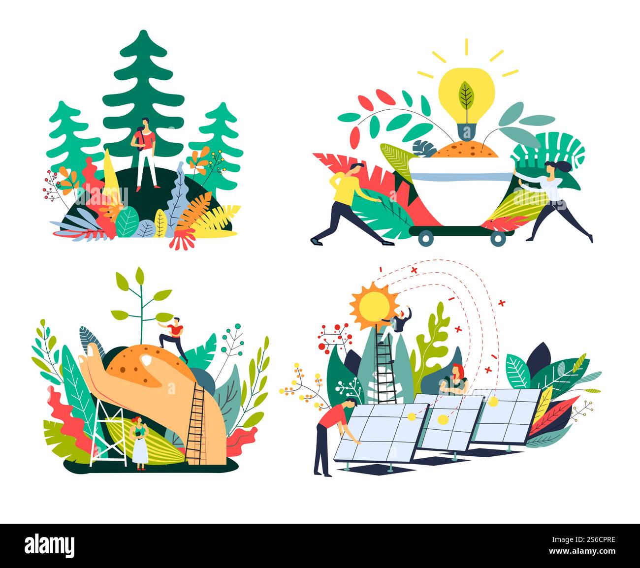 Panneaux solaires et énergie verte éco, plantation d'arbres et vecteur d'icônes isolées de protection de la nature. Énergie écologique durable, forêt ou bois et ampoule. Sécurité environnementale, culture de plantes. Écologie et environnement, panneaux solaires et plantation d'arbres, icônes isolées Illustration de Vecteur