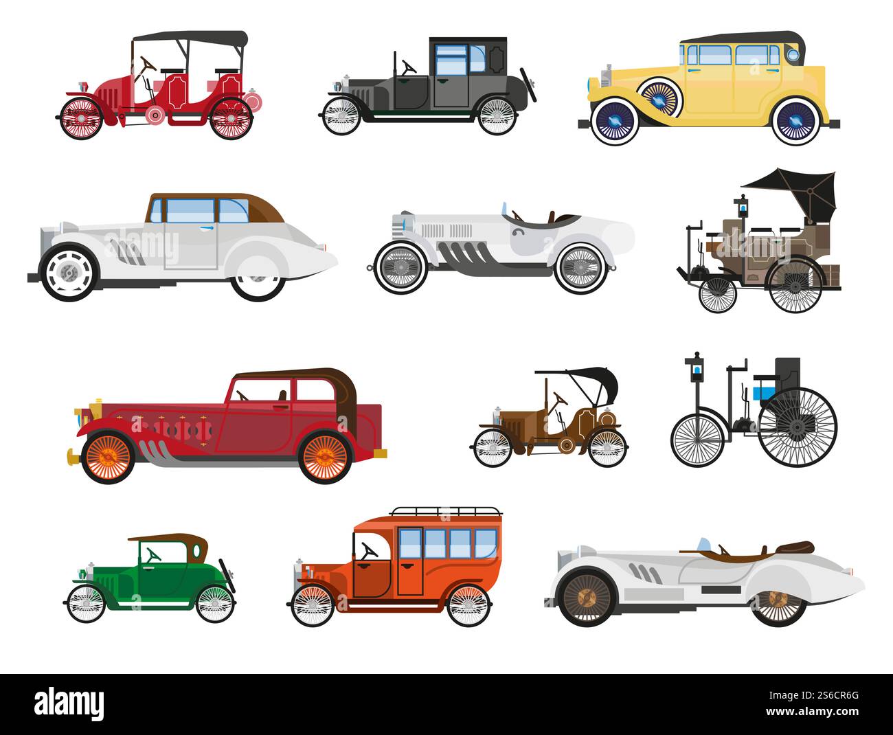Histoire des voitures, véhicules rétro et vecteur d'icônes de modèles isolés de transport vintage. Transport, industrie automobile, développement automobile. Modèles automobiles classique et sport avec transmission manuelle. Véhicules rétro, voitures anciennes icônes isolées, histoire de l'industrie automobile Illustration de Vecteur