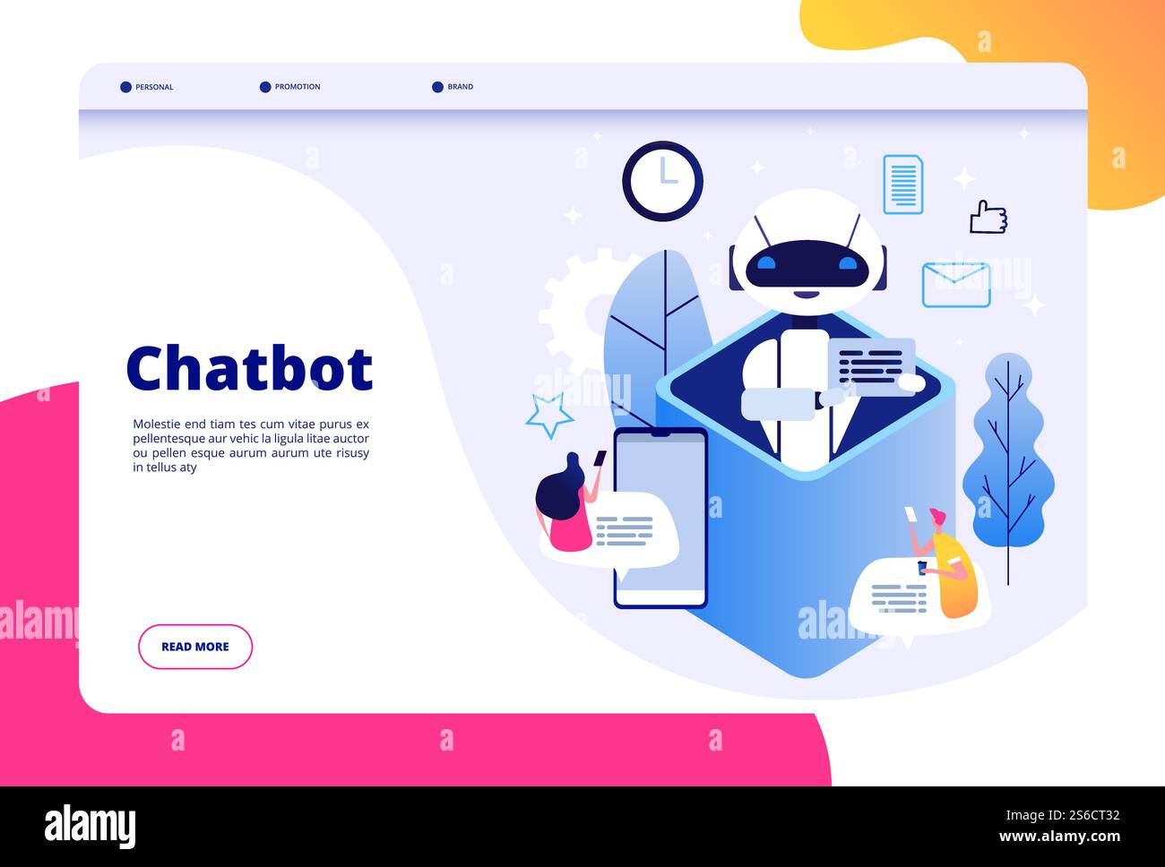 Concept de chatbot. Discutez avec l'homme femme android parlant avec le téléphone mobile aux bots d'application ai aider la page vectorielle de la technologie future humaine. Illustration de l'aide du robot ai, du bot mobile et du service chatbot. Concept de chatbot. Discutez avec l'homme femme android parlant avec le téléphone mobile aux bots d'application ai aider la page vectorielle de la technologie future humaine Illustration de Vecteur