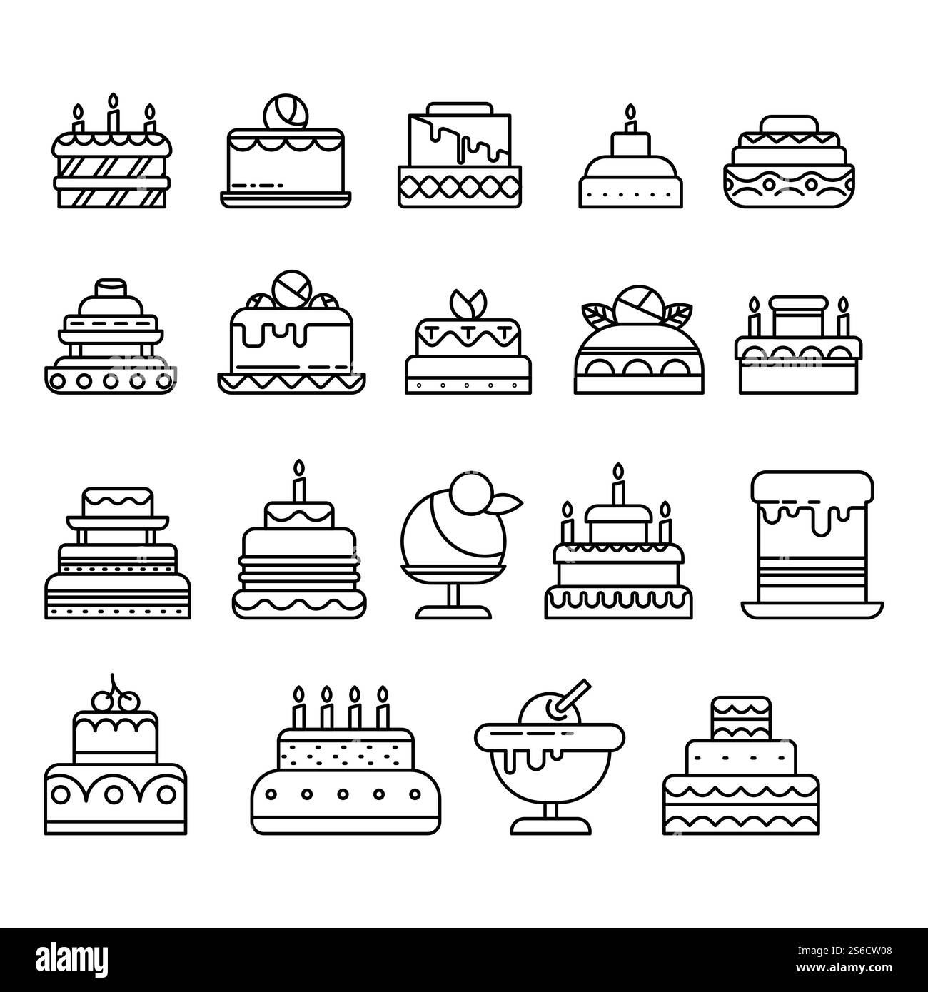Gâteaux d'anniversaire ou de mariage, pâtisseries aux fruits et au chocolat, vecteur d'icônes de contour isolé. Dessert anniversaire, tiramisu ou cheesecake, plat de Pâques. Crêpe et crème glacée, bougies festives. Gâteaux icône de ligne isolée, anniversaire et desserts de mariage Illustration de Vecteur
