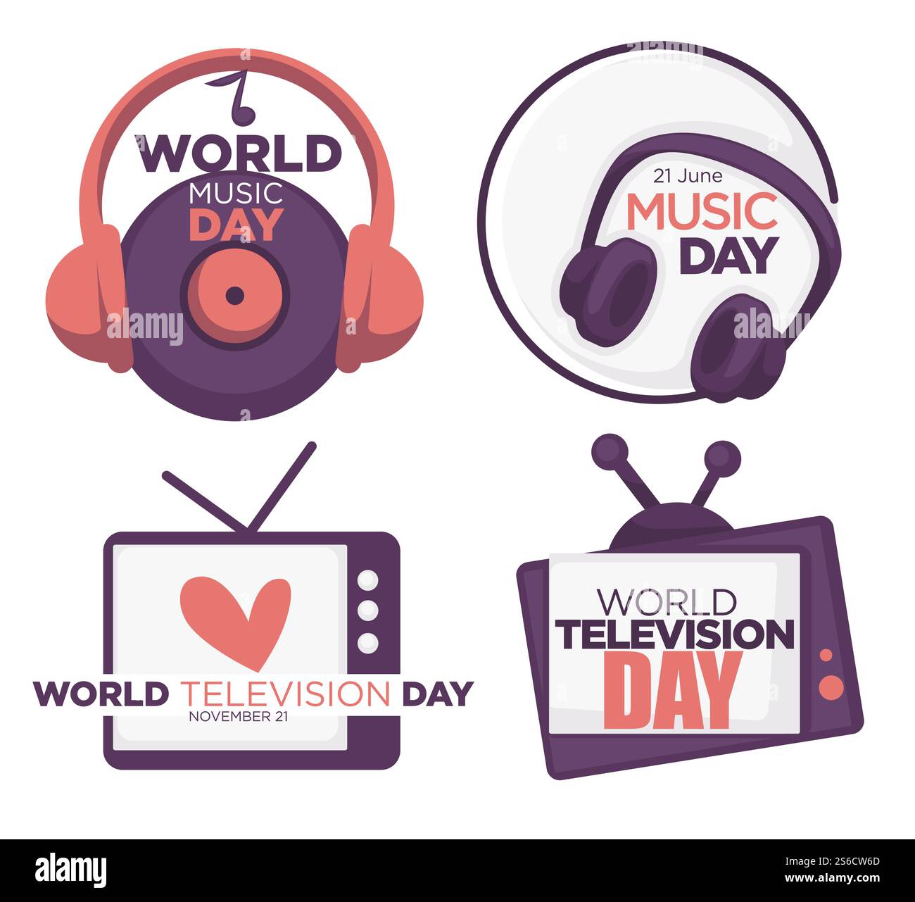 Jeu de logo World Music and Television Day. Disque vinyle vintage, écouteurs, note de musique. Téléviseur rétro avec antenne, icône en forme de coeur à l'écran, date de vacances des médias. Illustration vectorielle d'événement de divertissement.. Logo World Music and Television Day défini avec texte de date Illustration de Vecteur