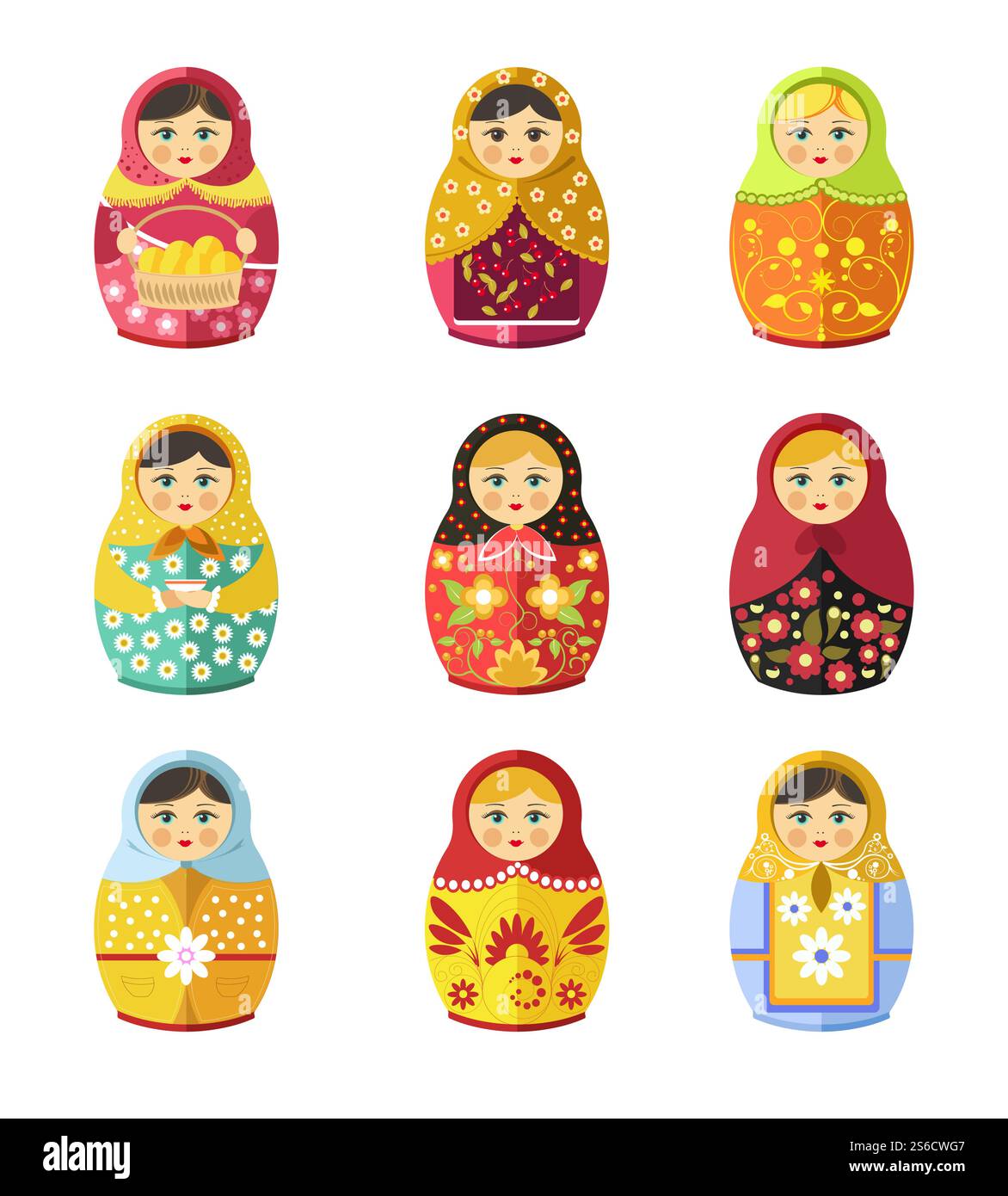 Icônes isolées de matryoshka russe, symbole traditionnel du vecteur russe. Jouets pour enfants ou souvenir de voyage, poupées nidifiées avec des visages de fille dans un châle avec des galettes. Statues en bois vintage, décor rétro. Jouet Matryoshka, symbole russe ou icônes isolées souvenir Illustration de Vecteur