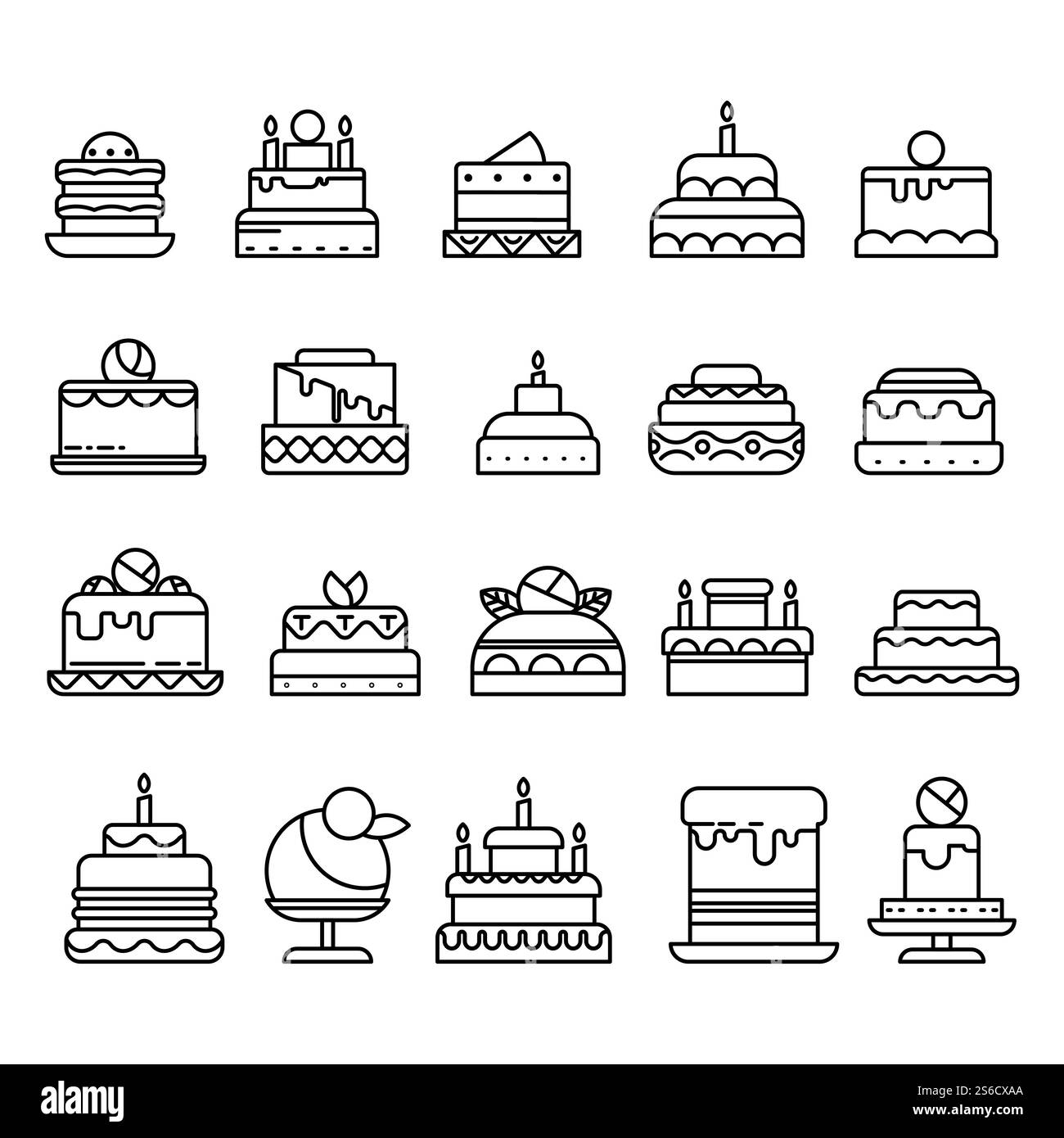 Gâteaux d'anniversaire ou de mariage, pâtisseries aux fruits et au chocolat, vecteur d'icônes de contour isolé de nourriture de boulangerie. Dessert anniversaire, tiramisu ou gâteau au fromage. Crêpe et crème glacée, bougies festives. Gâteaux de mariage et d'anniversaire icônes de ligne isolée, pâtisserie ou boulangerie Illustration de Vecteur
