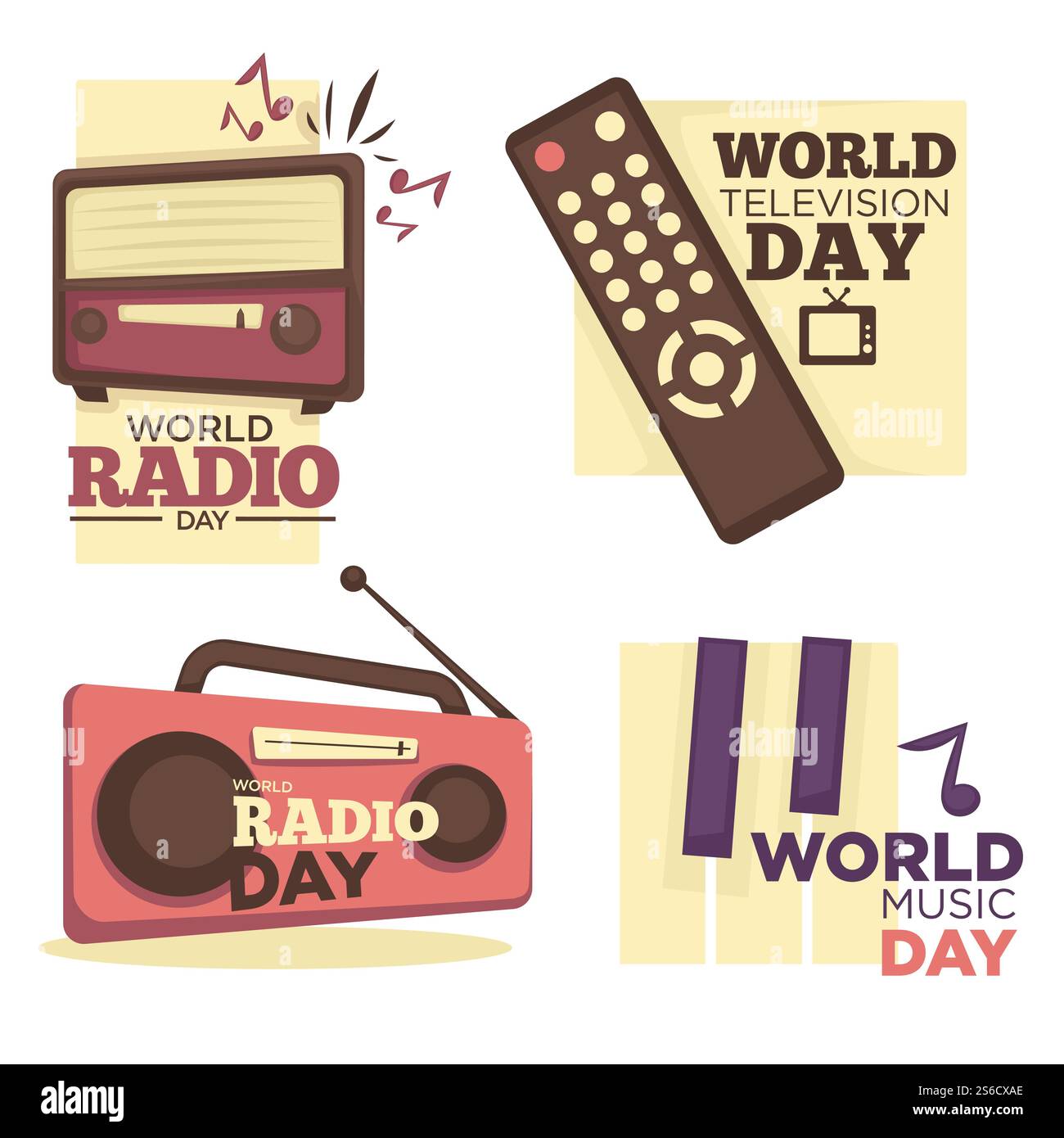 Ensemble de logos pour la journée mondiale de la radio, de la musique et de la télévision. Récepteur FM vintage, tuner rétro, haut-parleur super basse, touches de piano, note de musique. Télécommande TV pour changer de chaîne. Média, vecteur de divertissement.. Ensemble de logo de jour de radio ou de musique et de télévision du monde Illustration de Vecteur