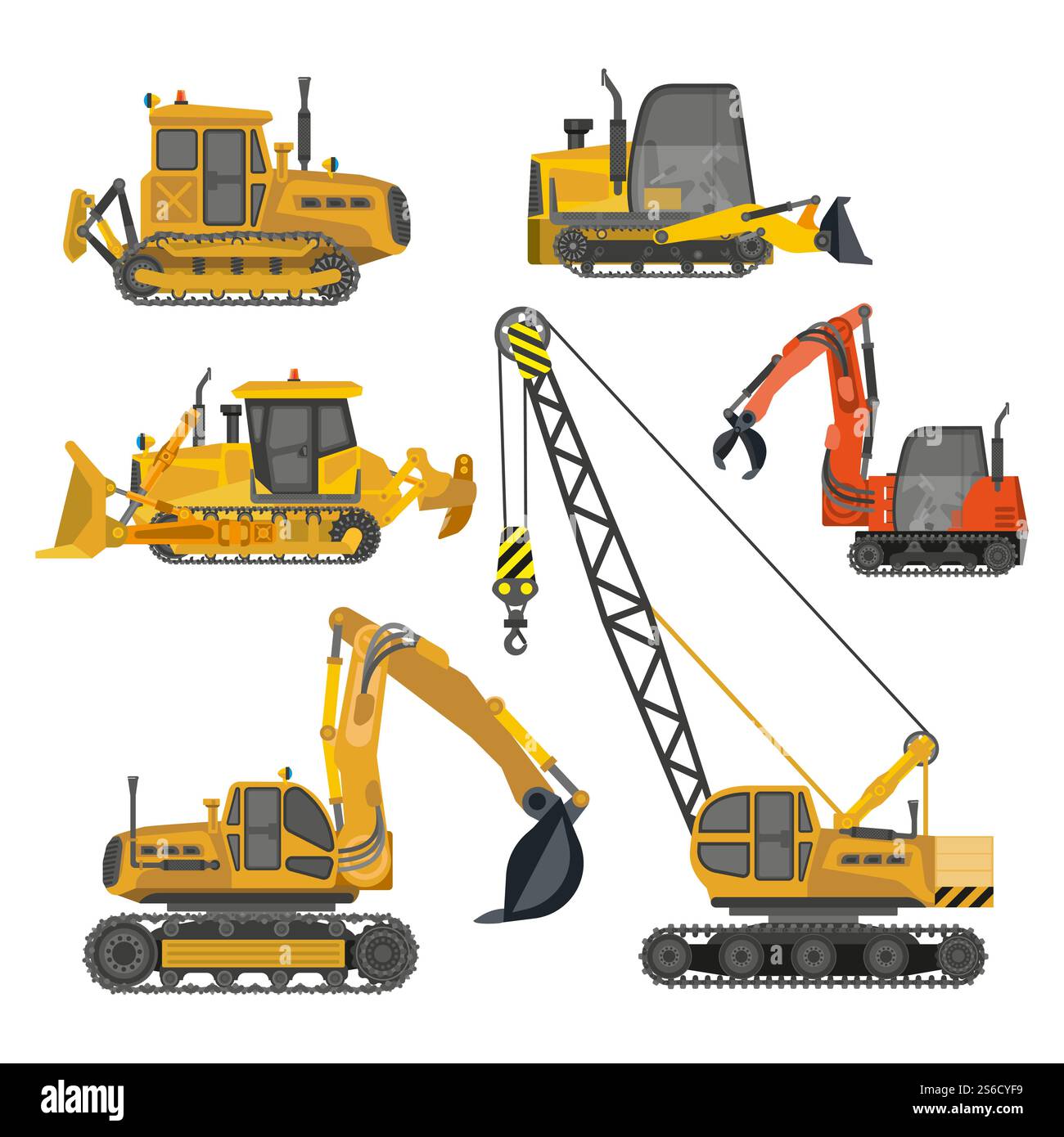 Équipement de construction, machines pour le travail de construction vecteur d'icônes isolées. Chariots élévateurs et grues, excavatrices et tracteurs, bulldozers et camions. Véhicules de construction de maisons et de réparation de routes avec crochets. Travaux de construction, équipements de machines de construction icônes isolées Illustration de Vecteur