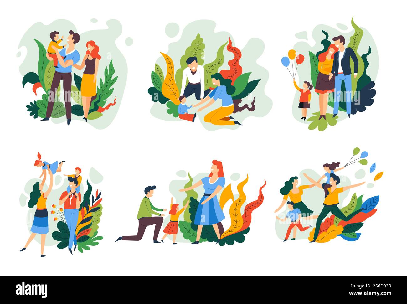 Parents et enfants, vecteur d'icônes abstraites isolées de passe-temps familial. Père, mère et enfants jouant et marchant, montgolfières, sautant sur le lit et combat d'oreiller. Frère et soeur, fils et fille. Icônes isolées de la famille, les parents et les enfants passe-temps, marcher et jouer Illustration de Vecteur